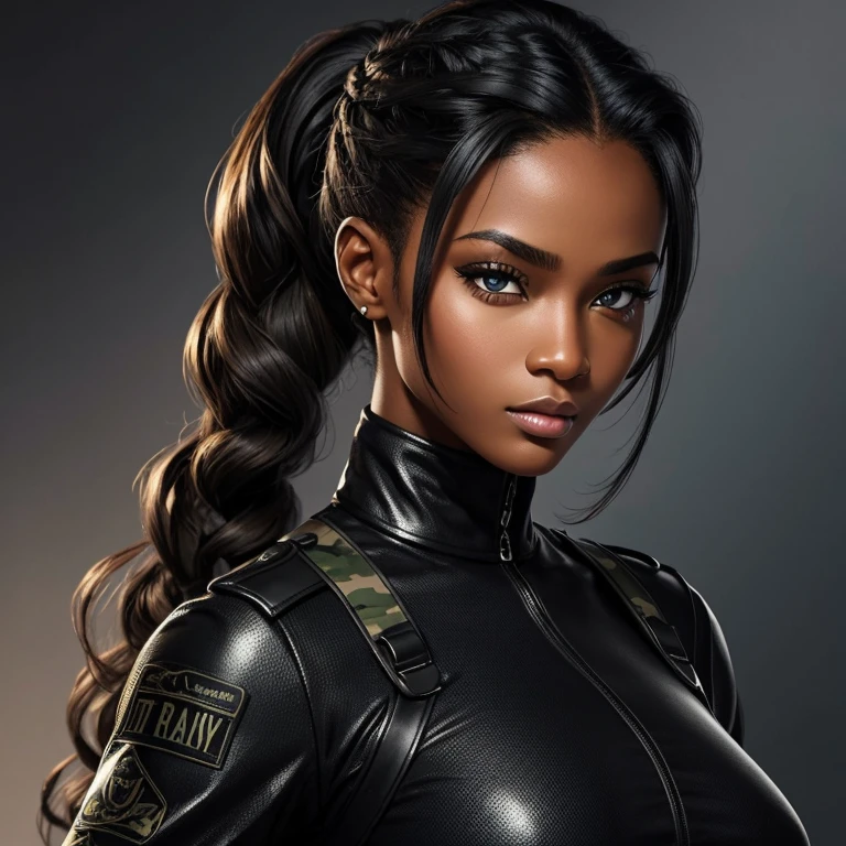 Ultra detailed drawing, a very beautiful sexy black military woman, tenue de camouflage, corps fantasmatique, belle courbes, yeux hypnotisant, hair tied black blonde streak.