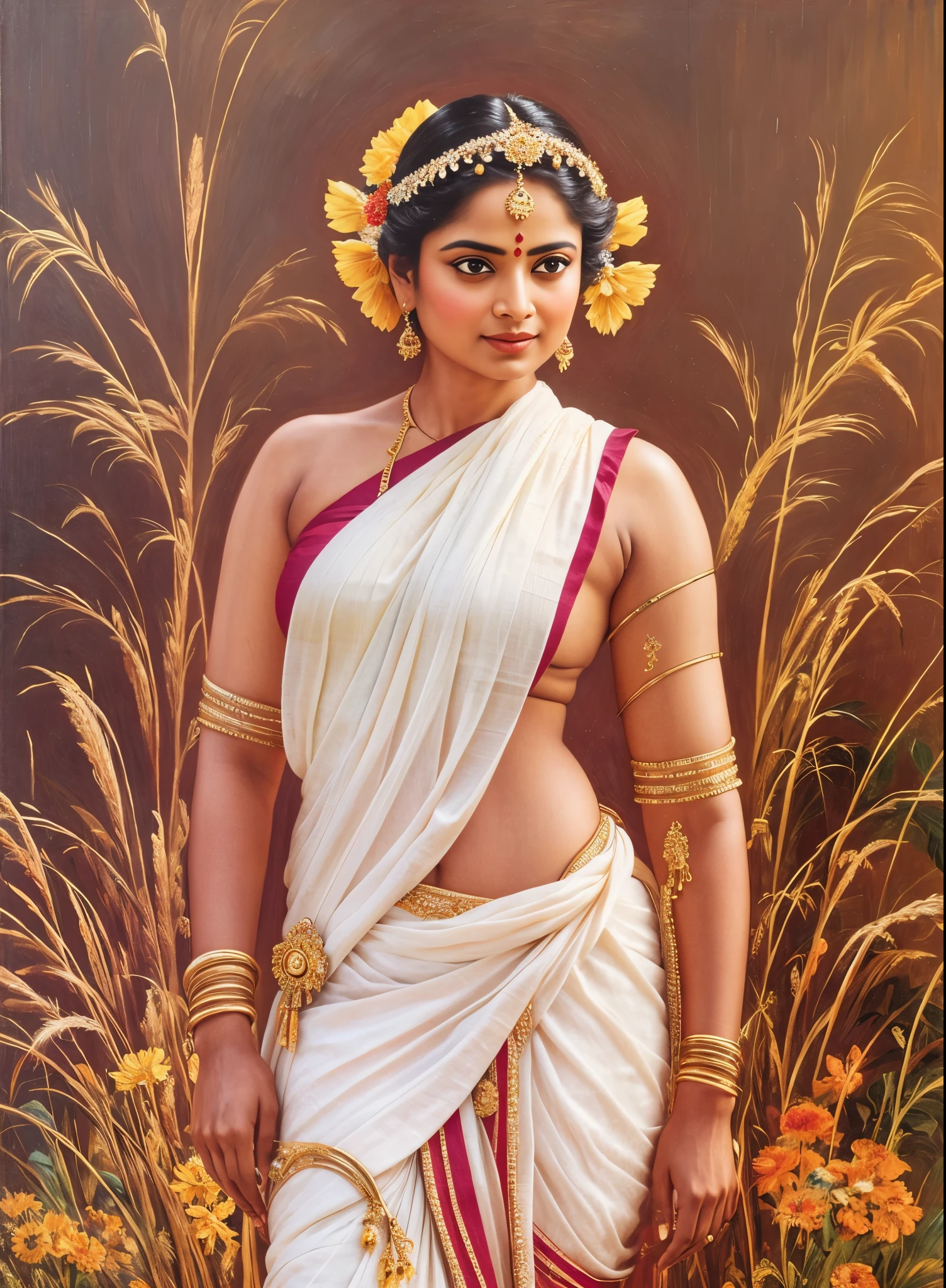 Beautiful Indian Woman, wearing saree, sari Beauty, gorgeous, Apsara, Maharani, royal queen woman, nymph from Hindu Mythology, Urvashi, matchless beauty, Highly detailed, Oil Painting by Peter Paul Rubens inspired by Raja Ravi Varma, Matchless beauty, captivating, gorgeous, heavenly beauty, celestial beauty, by Peter Paul Rubens, 13, realistic, hyper realistic, micro details, incredible artwork, insane details, ultra High resolution, 8k, 32k, acrylic on canvas, intricate, flawless, detailed, detailed face, detailed eyes, masterpiece, by Peter Paul Rubens, by Caravaggio, by William Adolphe bouguereau, perfect face, perfect body, beautiful art, realism, baroque, renaissance Art, highly textured, beautiful and detailed eyes, uhd, best quality,
