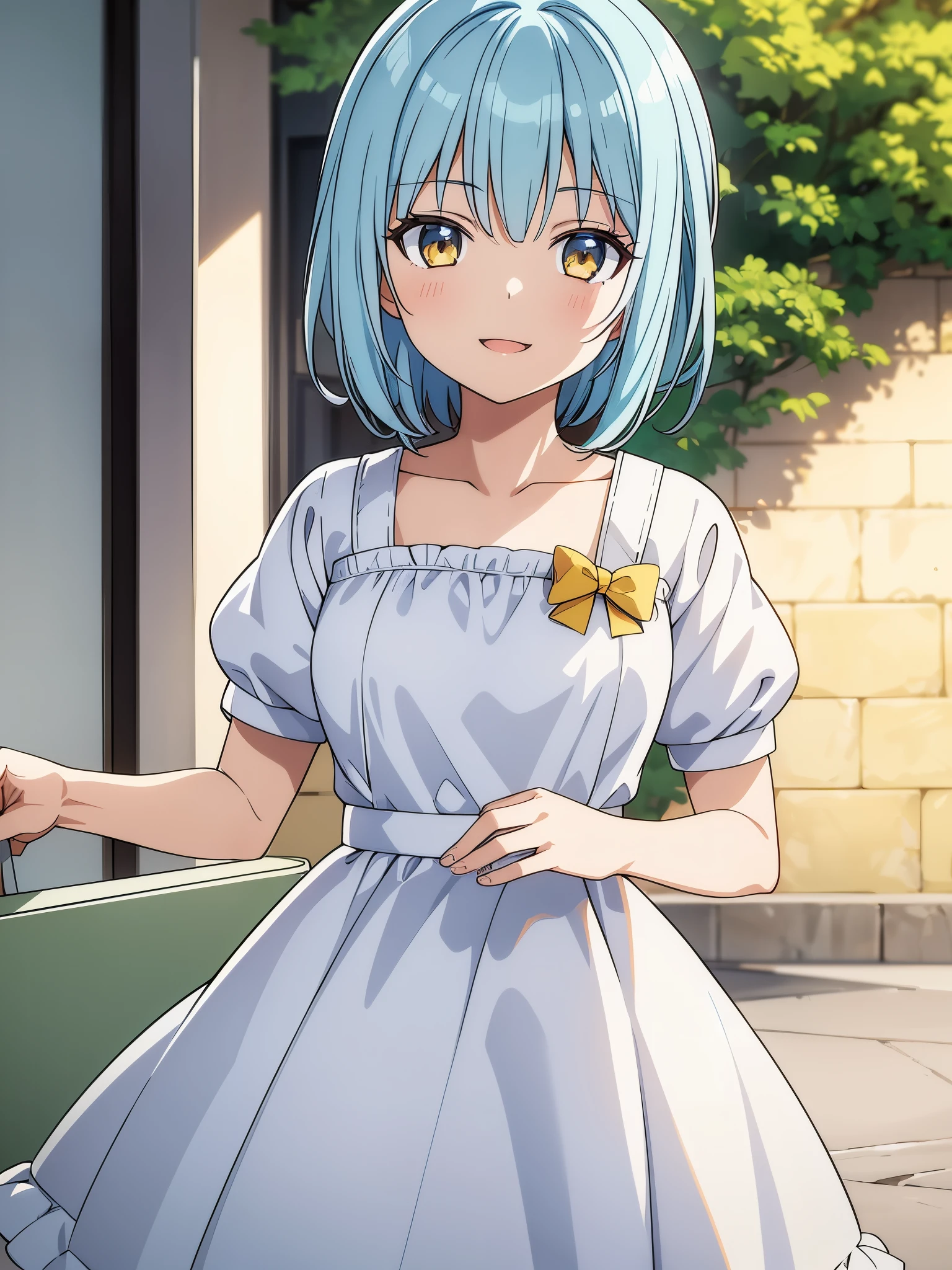 rebuild style, ayanami rei, 1girl, blue hair, short hair, red eyes, white sundress, wind, looking at viewer, cityscape, cowboy shot, smile, closed mouth, blush, straw hat, summer,  <lora:rebuildOfEvangelion_v4b-26:0.7>,