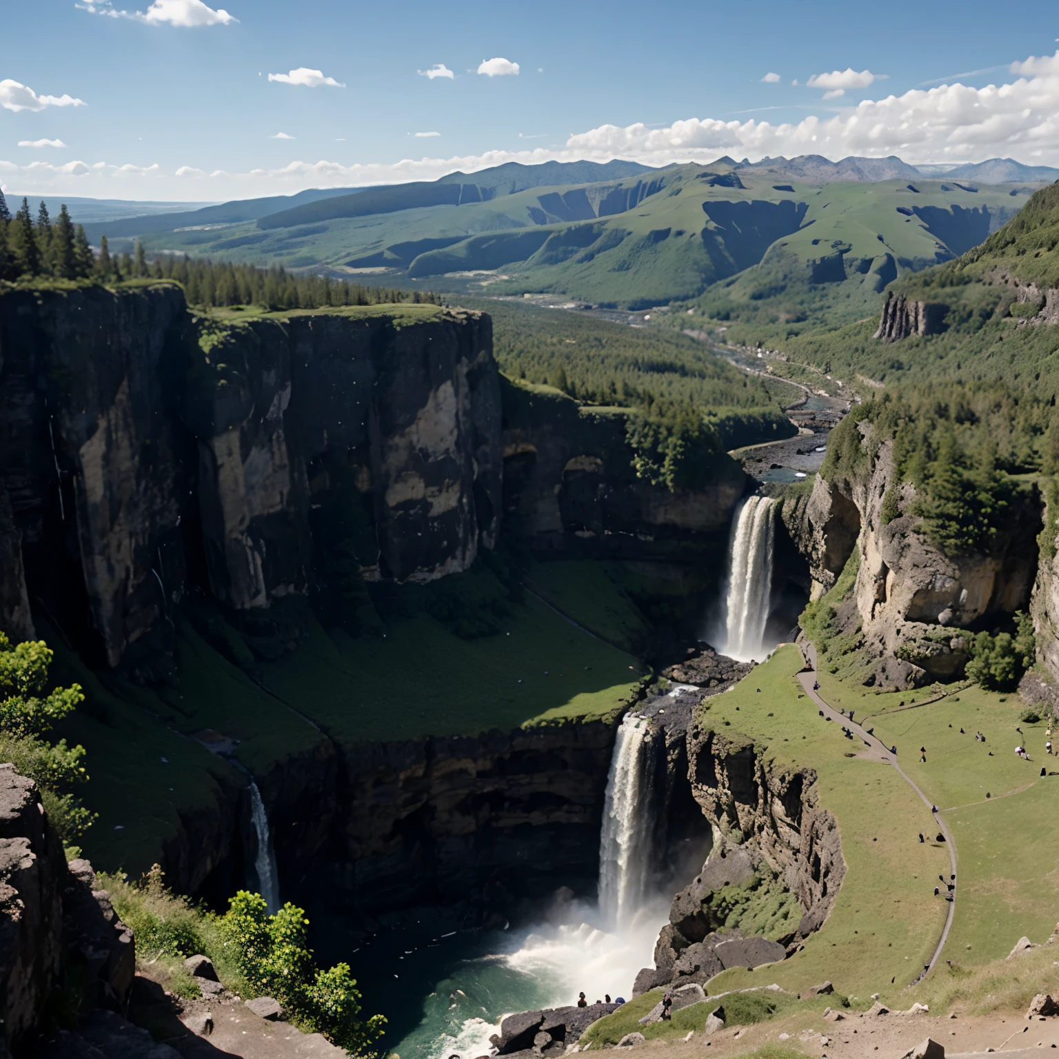 a falls woth lots of hauses at the bottom