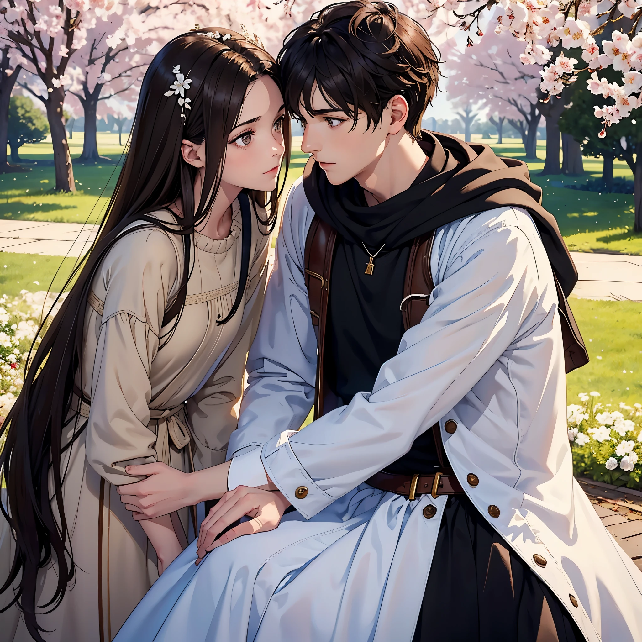 Tall slim snow-white boy with light brown eyes and brown hair with a beautiful face looking at each other in love with a Brunette girl with black and brown hair, brown eyes with very dark skin and a beautiful face under a fantastic cherry tree, work of art, hd, high quality, detailed,