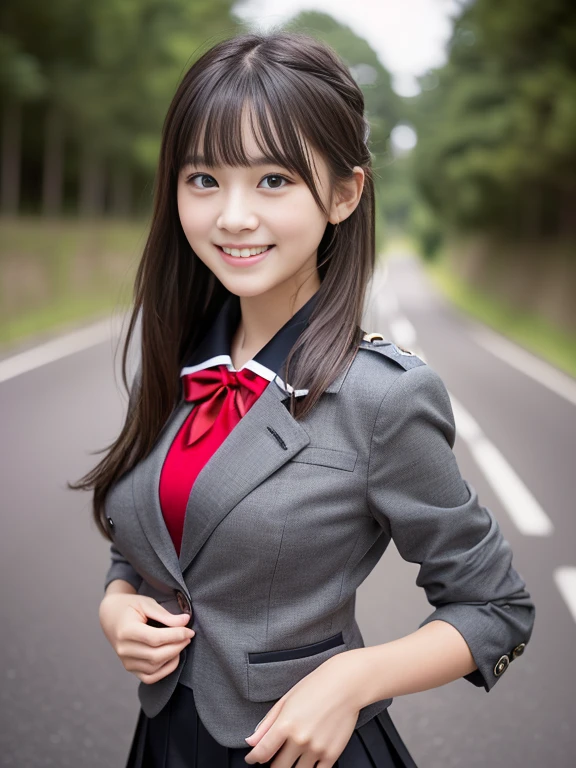 (the girl has light gray eyes:1.5)、(Close-up portrait of a slender girl with large breasts、Wearing a black blazer uniform with a red trimmed collar and a black skirt、I have long gray hair with flowing bangs.。:1.5)、(A girl walking with a small smile on a Japanese country road:1.5)、(Girl in uniform with black blazer and red trimmed collar:1.5)、(Blurred Background:1.5)、(Perfect Anatomy:1.5)、Photorealistic、Raw photo、Tabletop、highest quality、High resolution、Delicate and beautiful、Perfect Face、Beautiful fine details、Fair skin、Real human skin、((Thin legs))、((Big Breasts))、((Young face))、((Little Girl))、((Uniforms that reveal the shape of your breasts))、A smile showing beautiful teeth