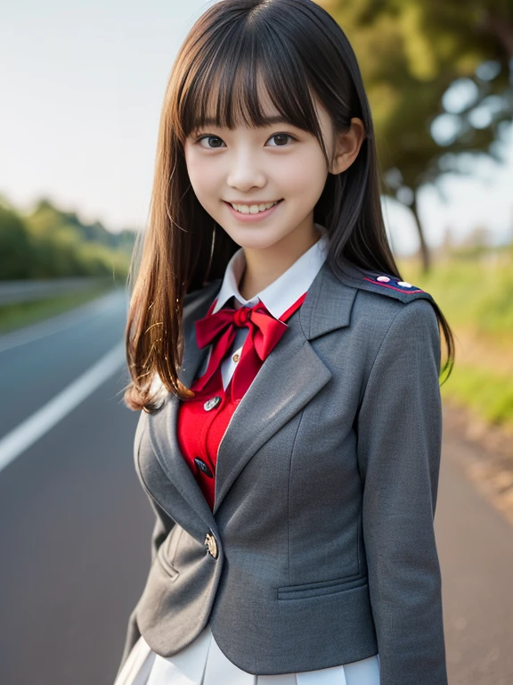 (the girl has light gray eyes:1.5)、(Close-up portrait of a slender girl with large breasts、Wearing a black blazer uniform with a red trimmed collar and a black skirt、I have long gray hair with flowing bangs.。:1.5)、(A girl walking with a small smile on a Japanese country road:1.5)、(Girl in uniform with black blazer and red trimmed collar:1.5)、(Blurred Background:1.5)、(Perfect Anatomy:1.5)、Photorealistic、Raw photo、Tabletop、highest quality、High resolution、Delicate and beautiful、Perfect Face、Beautiful fine details、Fair skin、Real human skin、((Thin legs))、((Big Breasts))、((Young face))、((Little Girl))、((Uniforms that reveal the shape of your breasts))、A smile showing beautiful teeth