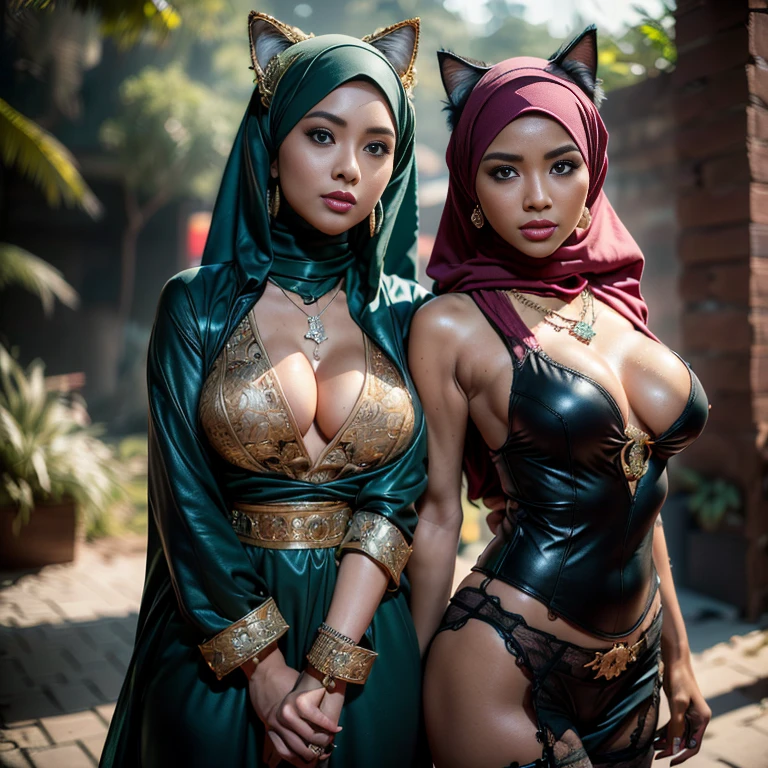 Malaysian girl ,malay, The whole body consists of a young girl with hijab, Eye makeup, 21yo, Cat ears, Soft lighting, Solo, Wear shabby clothes, Dirty, Tattered futuristic military uniform, Cat's paw badge, Pose, spot color, rendering by octane, Ultra-realistic intricate details, Cinematic, 8K resolution, 70mm, emphasis lightings, (((2 girls:1.5, girls standing))) Setting background: Basquiat graffiti wall background,Graffiti artist, urban walls, spray paint cans, bold colors, rebellious strokes, street gallery, artistic , night shadows, public expression, aerosol mastery, layered stencils, cultural messages, graffiti tags, creative risks, vibrant visuals, underground recognition, impactful designs, urban transformation. Art by Mschiffer, (((Woman with hijab style, hijab with sexy dress)), (lace stockings), (((Wearing: diamond necklace and earrings))). RAW photo, full sharp, detailed face (high detailed skin:1.2), 8k uhd, dslr, soft lighting, high quality, film grain, Fujifilm XT3, (extremely beautiful face, sexy lips, beautiful red lips, Clear eyes, beautiful eyes), (big green eyes), pretty girl, face forward, intricate detail face, ((ultra detailed skin)) (skin texture, film grain), Detailed beautiful face, natural tpose, natural facial expression, (((Straight breasts))), Surreal full-body figure, Beautiful and delicate body and face, gorgeous figure, ssmile, Titillating，Surreal full-body figure，Beautiful and detailed body and face, Super vista, White skin of the, vivd colour,🔥8k, masterpiece, RAW photo, best quality, (18k detail:1.2), photorealistic, extremely, deep shadow, earrings, bracelets, necklace,