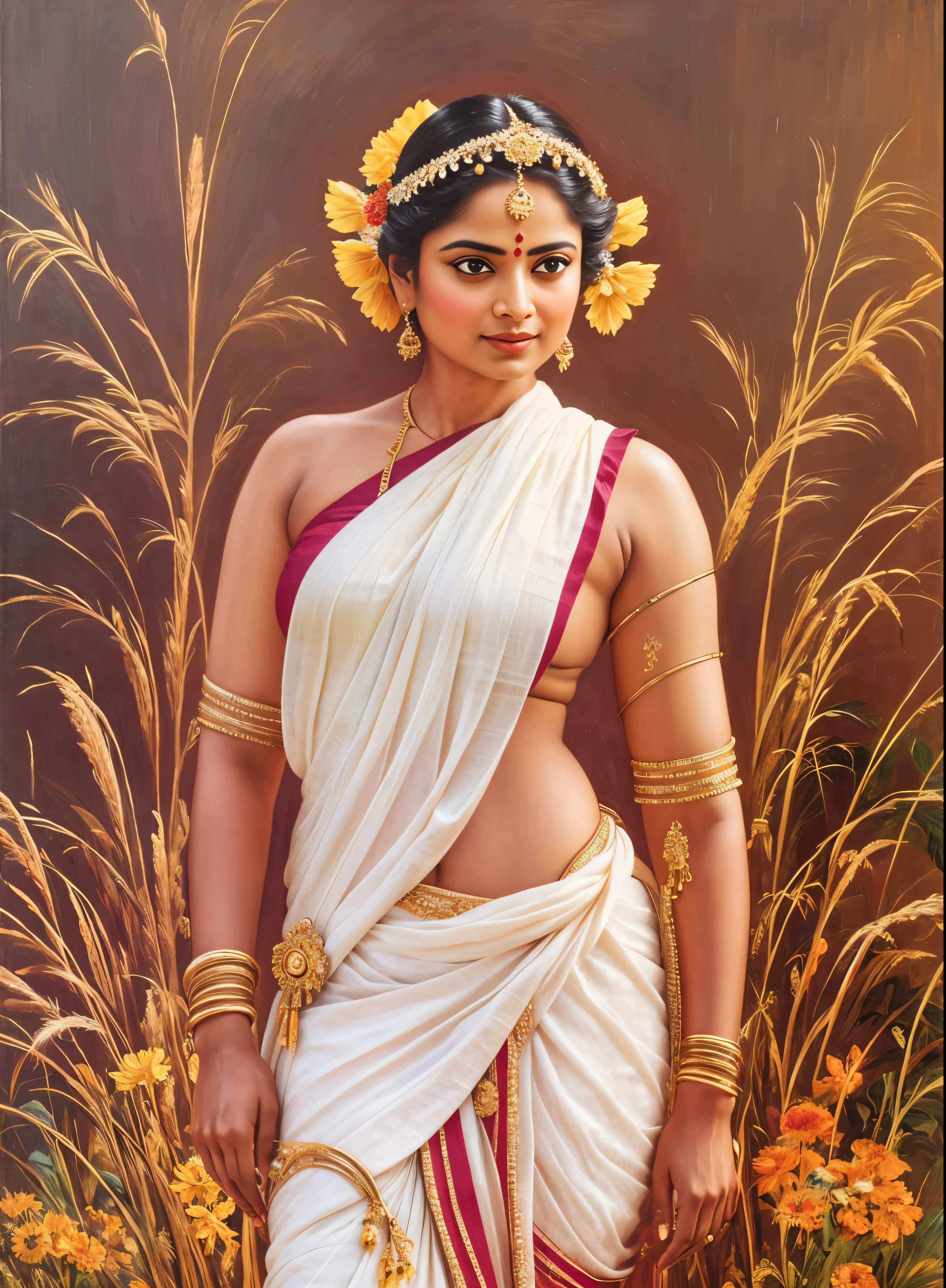 Beautiful Indian Woman, wearing saree, sari Beauty, gorgeous, Apsara, Maharani, royal queen woman, nymph from Hindu Mythology, Urvashi, matchless beauty, Highly detailed, Oil Painting by Peter Paul Rubens inspired by Raja Ravi Varma, Matchless beauty, captivating, gorgeous, heavenly beauty, celestial beauty, by Peter Paul Rubens, 13, realistic, hyper realistic, micro details, incredible artwork, insane details, ultra High resolution, 8k, 32k, acrylic on canvas, intricate, flawless, detailed, detailed face, detailed eyes, masterpiece, by Peter Paul Rubens, by Caravaggio, by William Adolphe bouguereau, perfect face, perfect body, beautiful art, realism, baroque, renaissance Art, highly textured, beautiful and detailed eyes, uhd, best quality,
