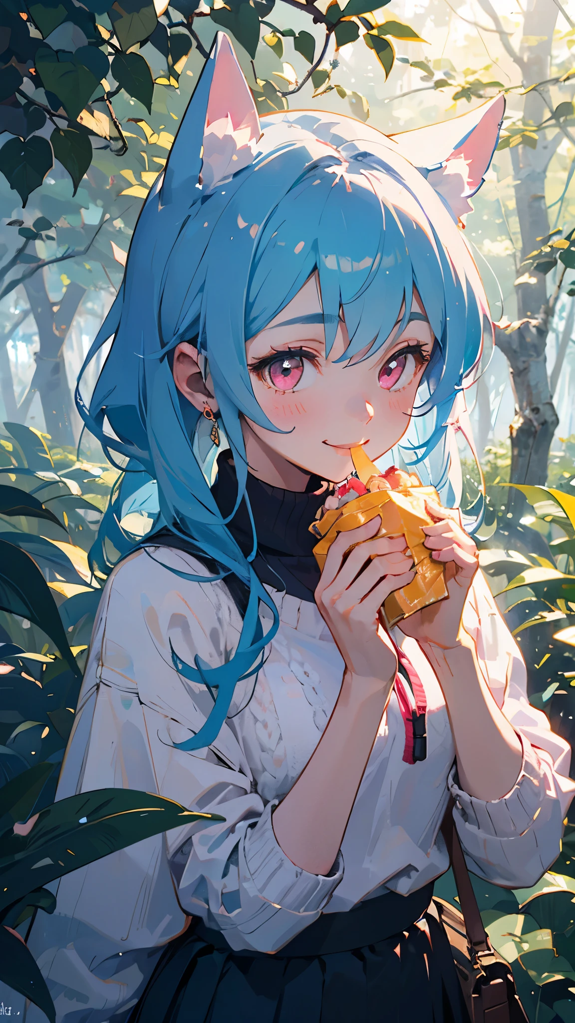 16-year-old girl、Light blue hair、Dog Ears、Pink Eyes、smile、Small breasts、skirt、colorful knitwear、in the forest、morning、Upper body close-up、Eat packed lunches