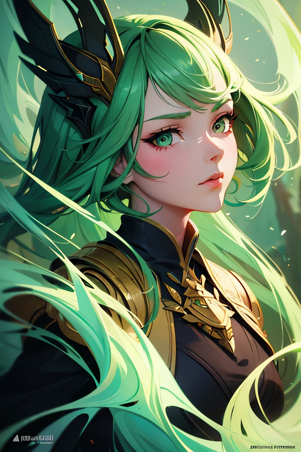 Excellent, masterpiece, green hair, golden eyes, black clothes, looking up, upper body, hair, fair skin, side braids, dragon girl, (aesthetics, pure beauty), (high quality light, sharp contrast, strong deep shadow), (perfect, details in place), size 1:1