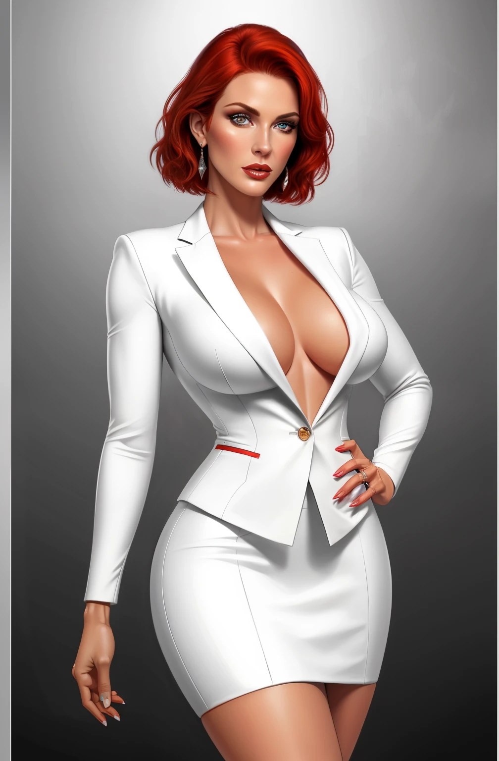 high quality,resolution:8k,realistic,Carolyn Dunn,red hair,bobcut,beautiful detailed eyes,beautiful detailed lips,white suit,pencil skirt,high heels,vivid colors,portraits,studio lighting, white lace bra, open blazer, toned 8 pack abs, muscular arms and legs, Bryce Dallas Howard 