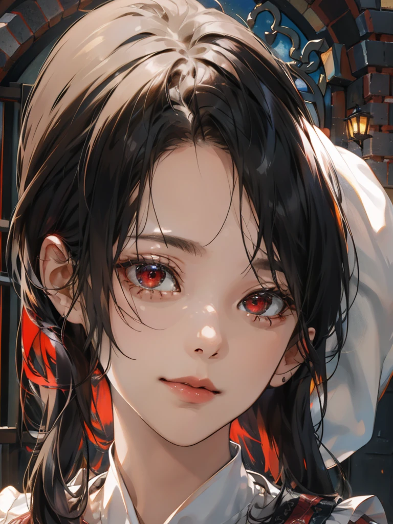 (absurdres, highres, ultra detailed), 1girl, mature female, wavy hair, long hair, blunt bangs, red eyes, dress, long sleeves, finely detailed eyes and detailed face, intricate details, BREAK mosaic art, small pieces, colorful tesserae, intricate patterns, tiled designs, durable surfaces, time-honored techniques BREAK macro photography, intricate details, magnified textures, stunning clarity, hidden beauty, immersive perspective BREAK , artisanal creations, handmade goods, unique designs, intricate details, creative expression, skilled craftsmanship, PerfectNwsjMajic