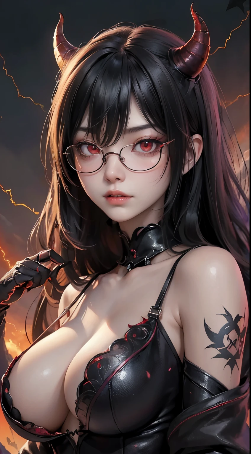 (highest quality,High resolution:1.2),(dark,Threatening:1.1),(Bad luckな:1.1),(devil,Satan,Lucifer:1.1),(devilish:1.1),(Bad luck,Bad luckな:1.1),(Powerful figure:1.1、Big Breasts、Glasses) 、 ((((Huge glasses, Nerd Glasses, thick glasses, Round Glasses)))),(((Big Breasts)))、(devil&#39;tail)、(Red eyes glow:1.6)、(Red glowing eyes,Sharp teeth:1.1),(Black wings,thick,shabby:1.1),(hellish landscape:1.1),(fire,sulfur:1.1),(Threatening atmosphere:1.1),(dark shadows,Threatening presence:1.1),(Bad luck clouds,Stormy Skies:1.1),(dark,Spooky atmosphere:1.1),(Bad luck aura,Evil energy:1.1),(dark aura,cigarette:1.1),(intense heat,Burning Flames:1.1),(Surreal,Nightmare Visions:1.1),(Predicting the end:1.1),(Twisted corners,Fiery crown:1.1),(Bad luck whispers,devilish laughter:1.1),(Cries of pain,echoing screams:1.1),(Bad luck symbols,Ancient runes:1.1),(Mysterious Relic,dark artifacts:1.1),(Infernal Ritual,Ritual sacrifice:1.1),(devilish minions,creatures of darkness:1.1),(Desolate,Barren Wilderness:1.1),(University of the Soul,Suffering Soul:1.1),(Eternal Damnation,A hopeless existence:1.1),(The Last Autumn,The world was in chaos.:1.1),(malicious presence,darkness personified:1.1),(Entrance to the underworld,Nightmare Realm:1.1), Understood, Beautiful and delicate face, Understood?, Beautiful and delicate eyes, perfectly balanced face, High resolutionスキン, Fine skin, Optimal ratio of four fingers to one thumb, Place your arms under your chest, Red tattoo on lower abdomen、oh!, Wide Hips, Smooth abdomen, thin, Pale skin, __fashion__, __hair__:1.25)、Digital single-lens reflex camera、 Absurd、(Tabletop: 1.3), (Maximum resolution: 1.2), (Ultra HDTV: 1.2), Cinematic Light, Beautiful Eyes and skin, detailed facial features, , (Sharp focus: 1.2）, (Focus on the face:1.2),Perfect Style, Beautiful Face, Acura, Anatomically correct, Highly detailed face and skin texture, Beautiful Eyes, double eyelid, thin eyebrows, Glitter Eyeliner: 1 natural cheeks, Glowing Skin, Fair skin: 1.2, (Glossy Lips: 1.4),(Embarrassed loo