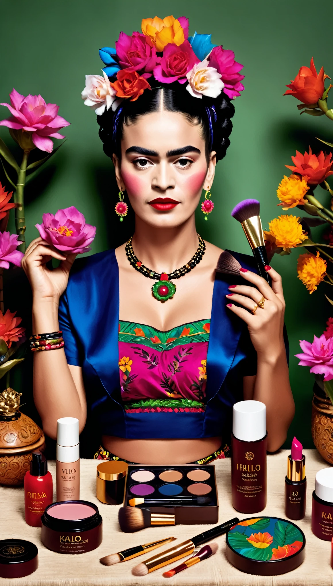 Frida Kalo with cosmetics in her hands