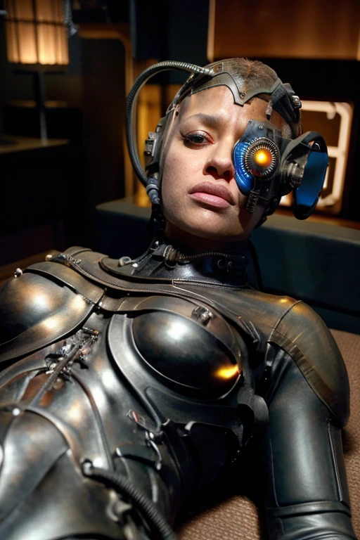 Black woman wearing blue latex outfit uniform,, ripped her pants, sexy pose, slave collar in service to the captain, by his side,,borg,eyepatch,cable,luma,rosalina,detailed face,detailed eyes,detailed lips,metal texture,sci-fi,glowing lights jamesdaly artstyle, lying, on back
jamesdaly artstyle,with a brainwashing on her head, , ,, cyborg merchant girl, giantess art, 