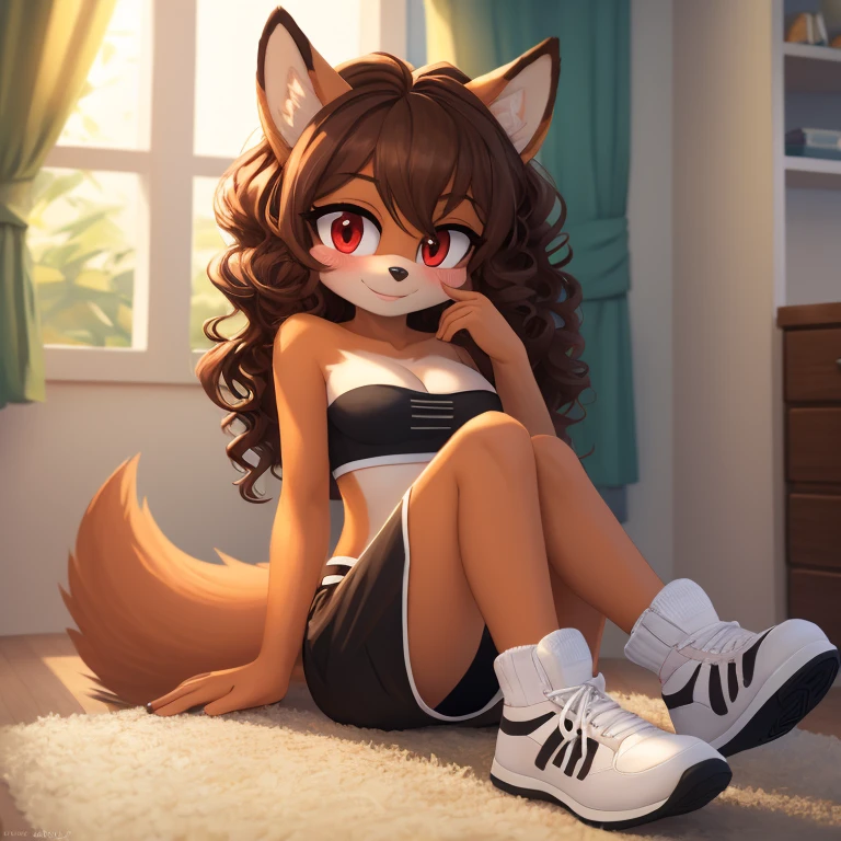 mobian, hedgehog, two-tone fur ((orange fur, brown fur)), pyjama elastic shorts, strapless crop top, cleavage, high-top sneakers, two-tone hair (brown hair, black tip)), curly hair, halo, sunglasses, jewelry, red eyes, longeyelashes, red eyes, smile, shy, blush, high detail, masterpiece, UHD, anatomically correct, super detail, highres, 4K