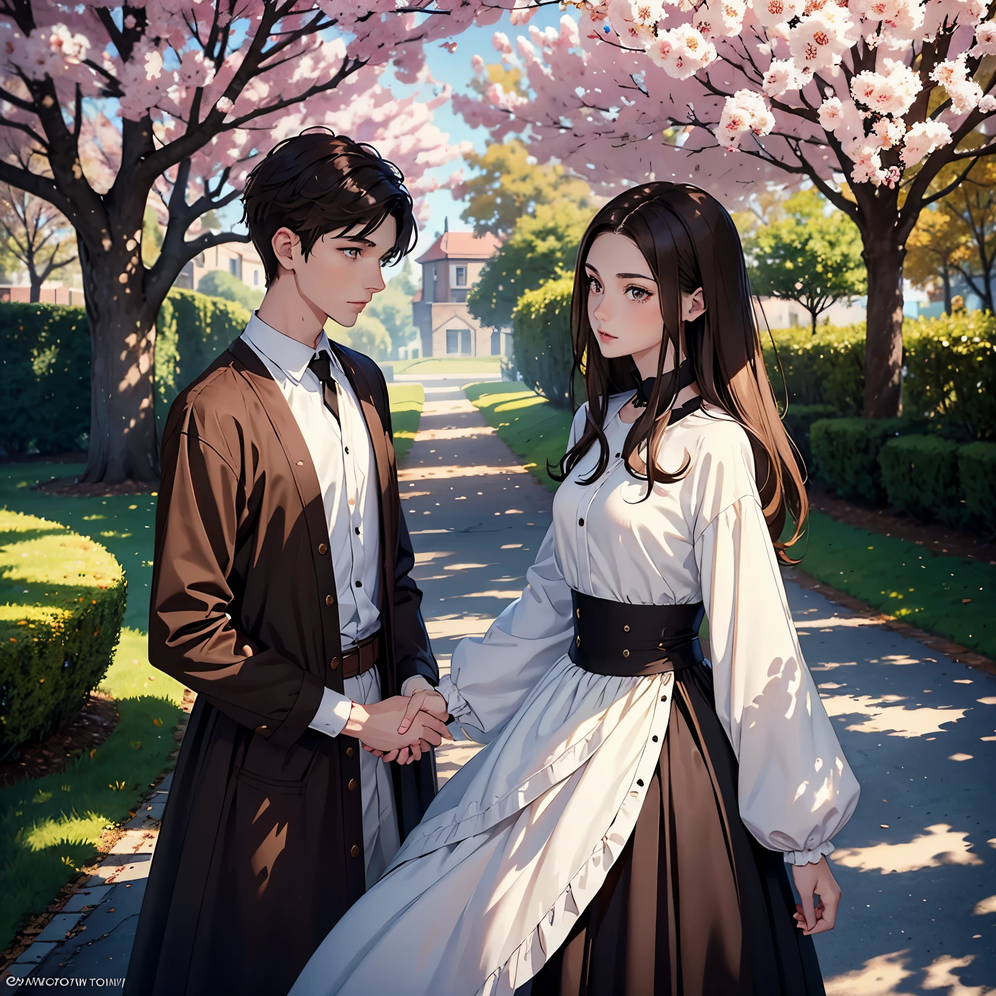 Tall slim snow-white boy with light brown eyes and brown hair with a beautiful face looking at each other in love with a Brunette girl with black and brown hair, brown eyes with very dark skin and a beautiful face under a fantastic cherry tree, work of art, hd, high quality, detailed,