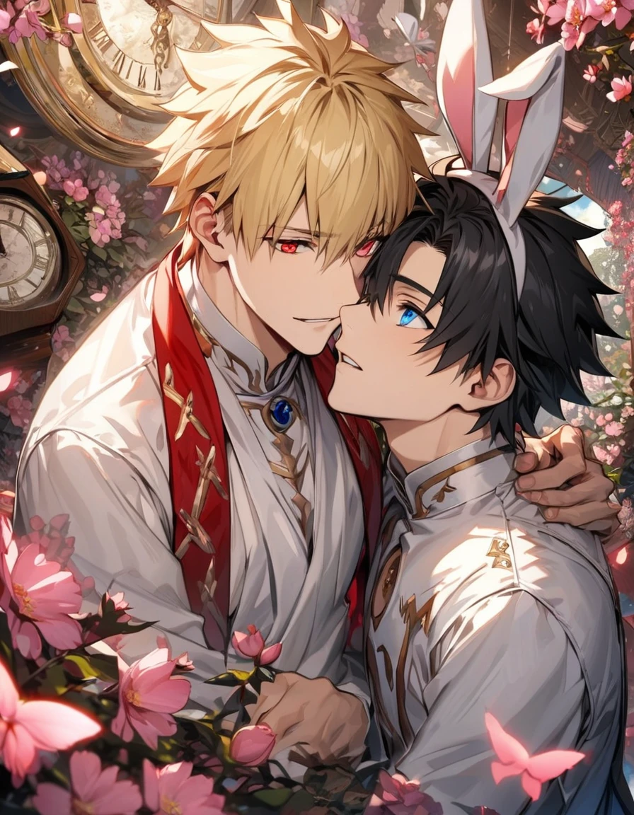 (absurdres, highres, ultra detailed, HDR), master piece, best quality, perfect face, delicate features, beautiful eyes, expressive red eyes, Gilgamesh, blond short hair, Fate Grand Order, Fujimaru Ritsuka, black hair, expressive blue eyes, white clothes, red clothes, patterns, two men together, gay couple, handsome, pink flowers, pink petals, pink butterflies, in wonderland, blossoms, clock, bunny ears