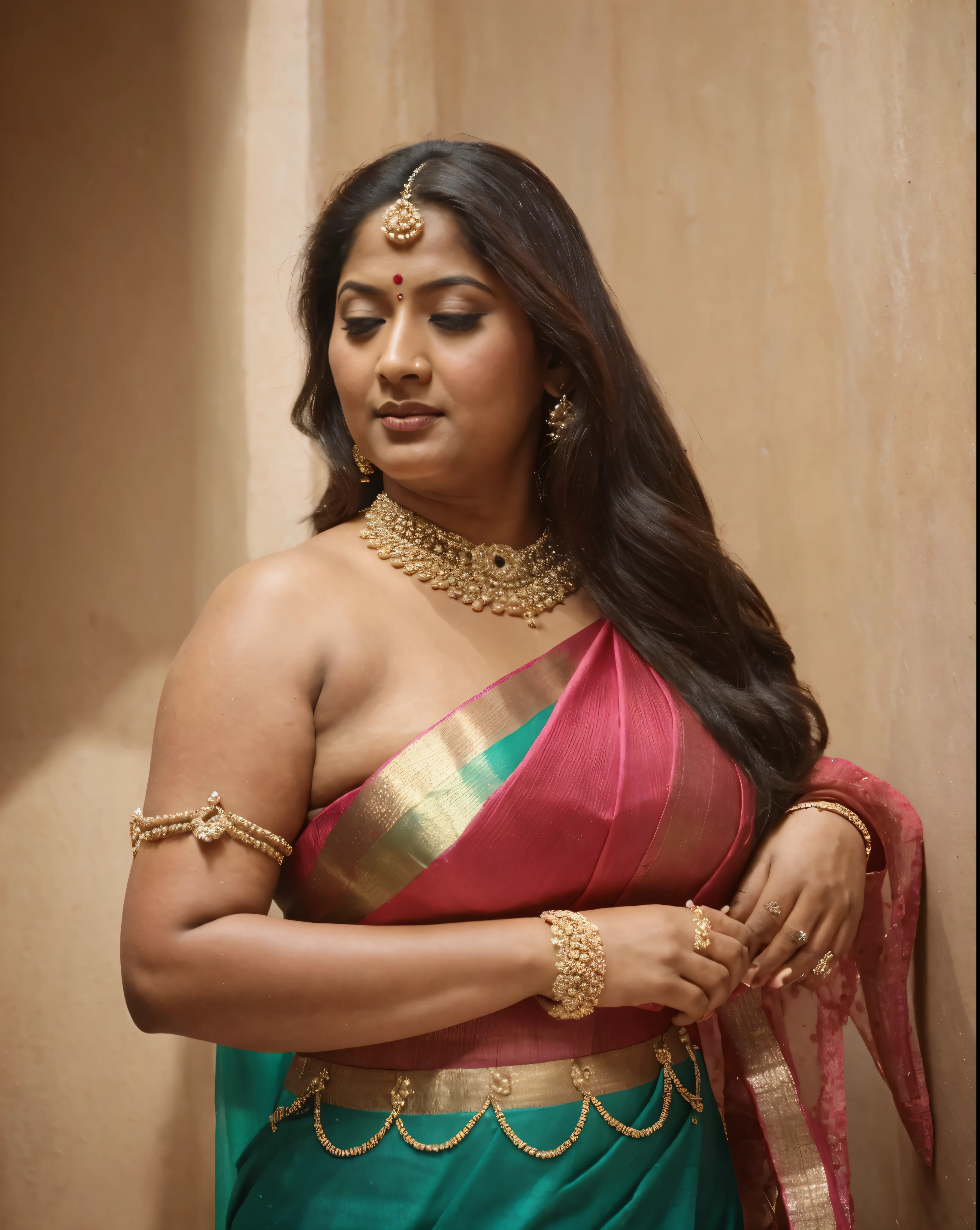 arafed woman in a pink sari, looks like Sandeepa Dhar, thick figure, chubby mallu aunty, heavy physique, voluptuous, curvy, traditional beauty, hindu aesthetic, assamese aesthetic, traditional makeup, indian goddess, indian girl with brown skin, wearing bihu dress mekhela sador, indian style, indian, gorgeous woman, south east asian with round face, a stunning portrait of a goddess, beautiful himalayan woman, beautymarks,