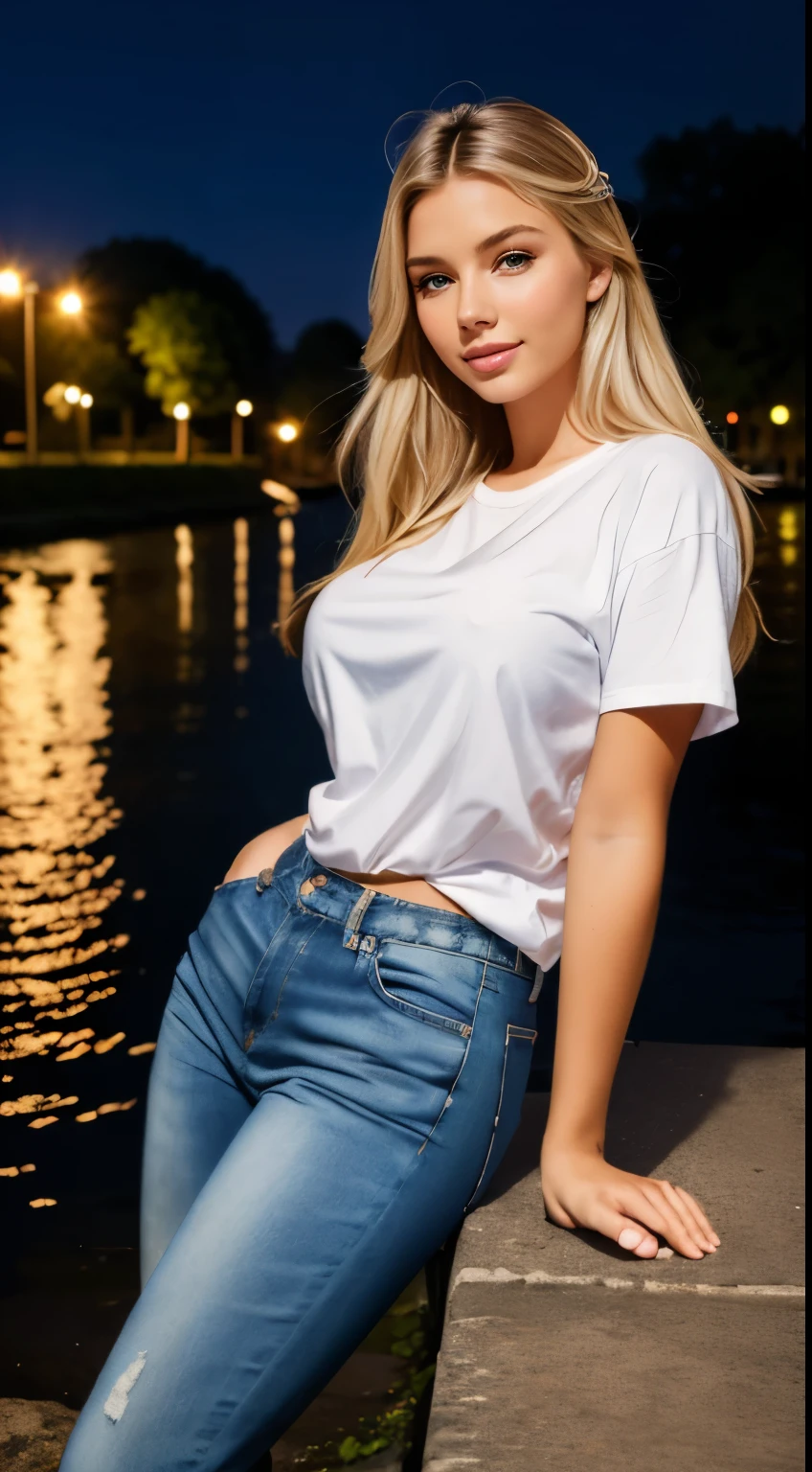 Foto hiperrealista en primer plano de Emily Sears, masterpiece, best quality, (photorealistic:1.4), full body,  (white oversize male t-shirt:1.1), (blue jeans:1.2), brown sandals, woking on  the riverbank, river shore, summer night, darkness night, night, during the night, neons, cinematic light, beautiful woman, skinny, large big breasts, straight blond hair, detailed face, smile, facing the camera, photo taken from a distance, age of 20 years old,