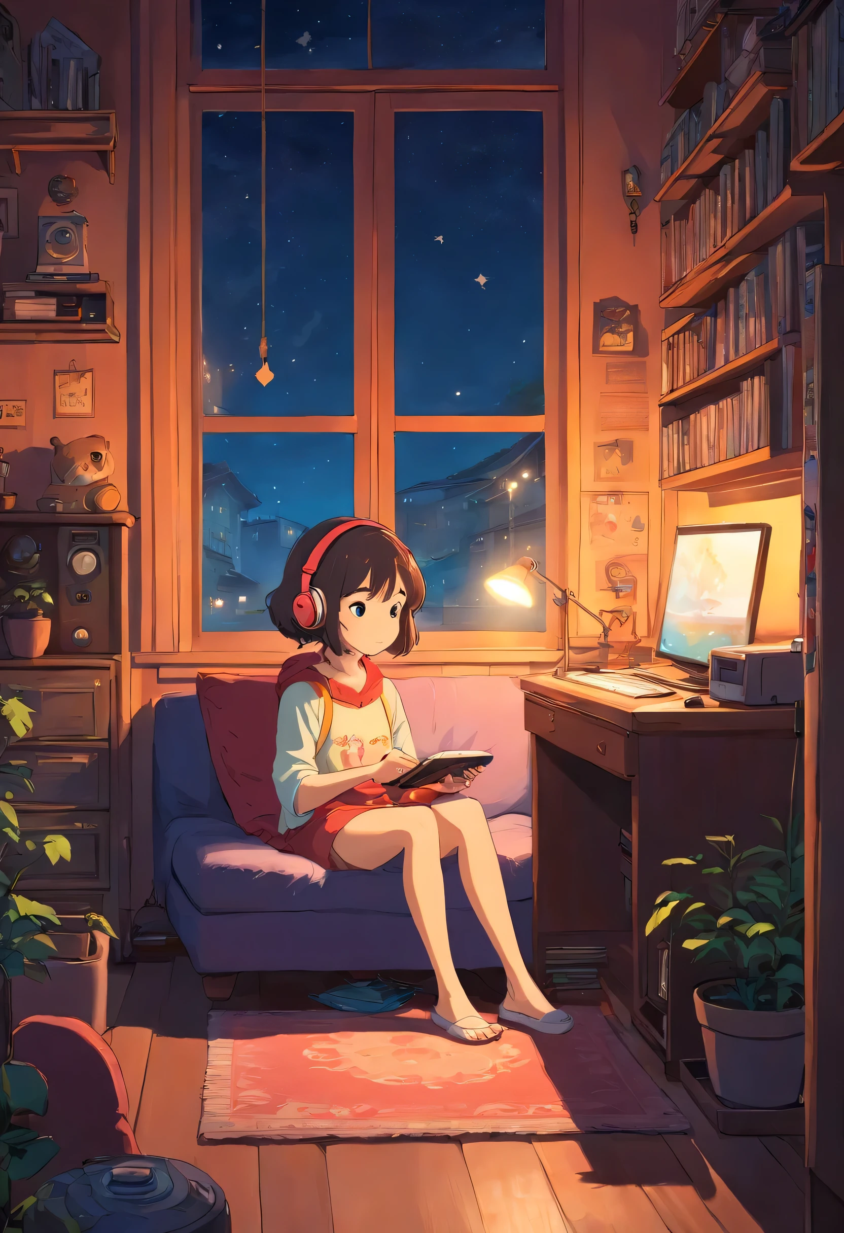 Girl listening to music in a cozy room at night, Use fones de ouvido, estilo anime 2d, Se eu, hard disk, Ambiente escuro、Emo