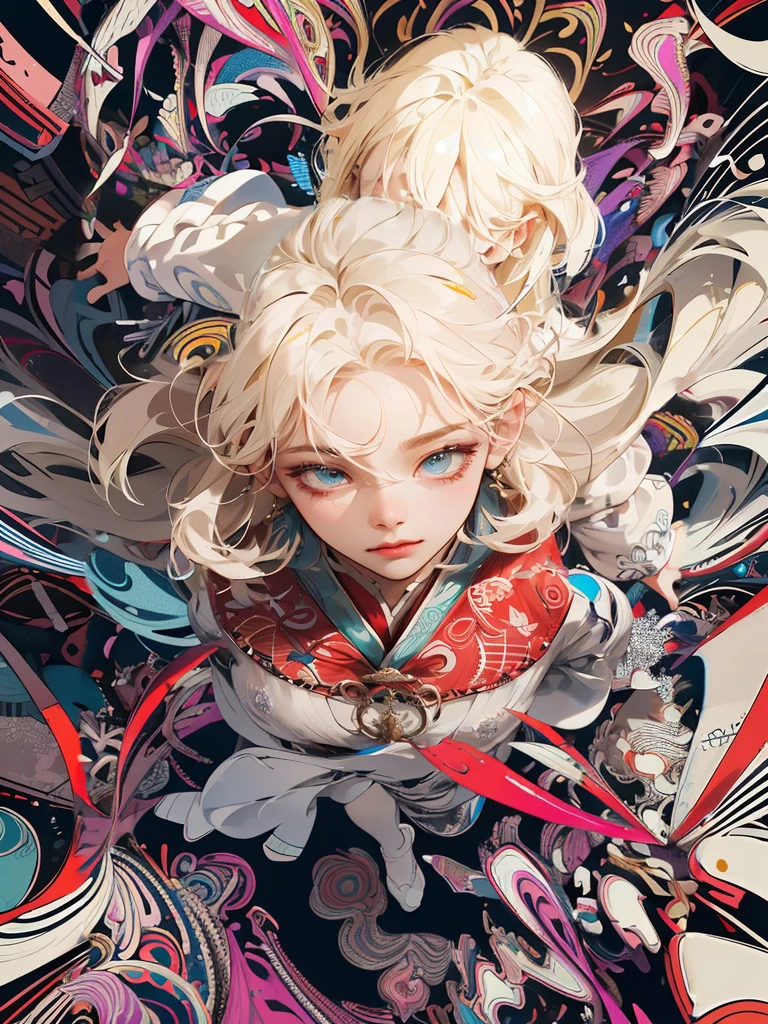 absurdres, highres, ultra detailed, 1girl, solo, extremely detailed eyes, Ultra-precise depiction, Ultra-detailed depiction, (zentangle:1.2), (dynamic pose), (abstract background:1.5), (treditional dress:1.2), short platinum blonde, (shiny skin), many colors, upper body, (from above)