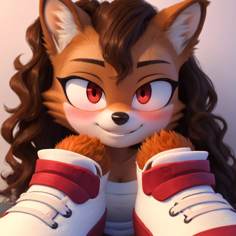 mobian, solo, hedgehog, two-tone fur ((orange fur, brown fur)), long sleeve bodycon dress, high-top sneakers, small breasts, two-tone hair (brown hair, black tip)), curly hair, halo, sunglasses, jewelry, red eyes, longeyelashes, red eyes, smile, shy, blush, pose, high detail, masterpiece, UHD, anatomically correct, super detail, highres, 4K