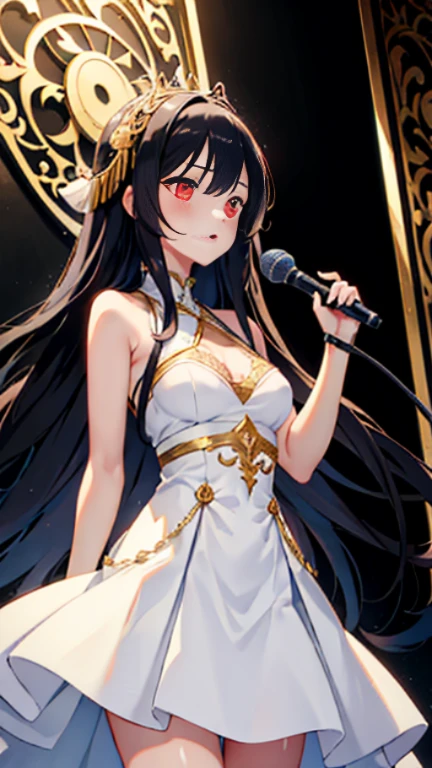 Generate an anime-style image of a girl with long, beautiful hair speaking into a microphone on stage during an auction. She wears a white dress with black accents, complemented by red lips and captivating eyes. Ensure her entire body is visible, with meticulous attention to detail in capturing her elegant appearance and the dynamic atmosphere of the auction setting. -ar 9:16