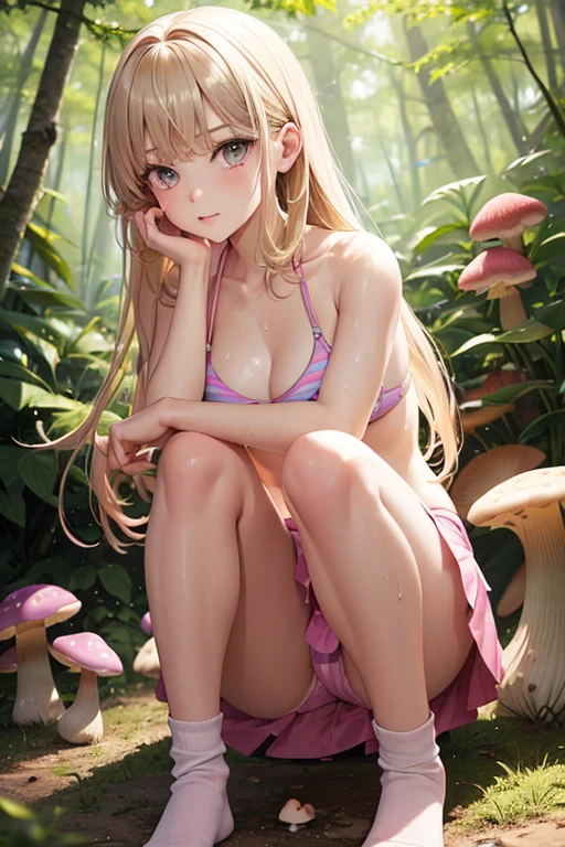 1girl, cute, teen, slender, round face shape with angular jaw, blonde with bangs, grey eyes, bikini top, picking wet pink colorful mushrooms in a celestial forest, sunshine, stripe socks, pink skirt, hhorny touch, windy