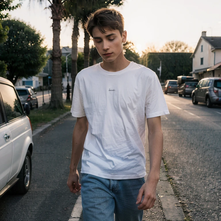 Un homme twink de 19 ans d'1m74 assez fin qui porte un t-shirt blanc très ample. Il a marché beaucoup sur les route, il est tout transpirant. The light of the sunset reflects on his skin. He seems tired and helps himself to walk with a stick.