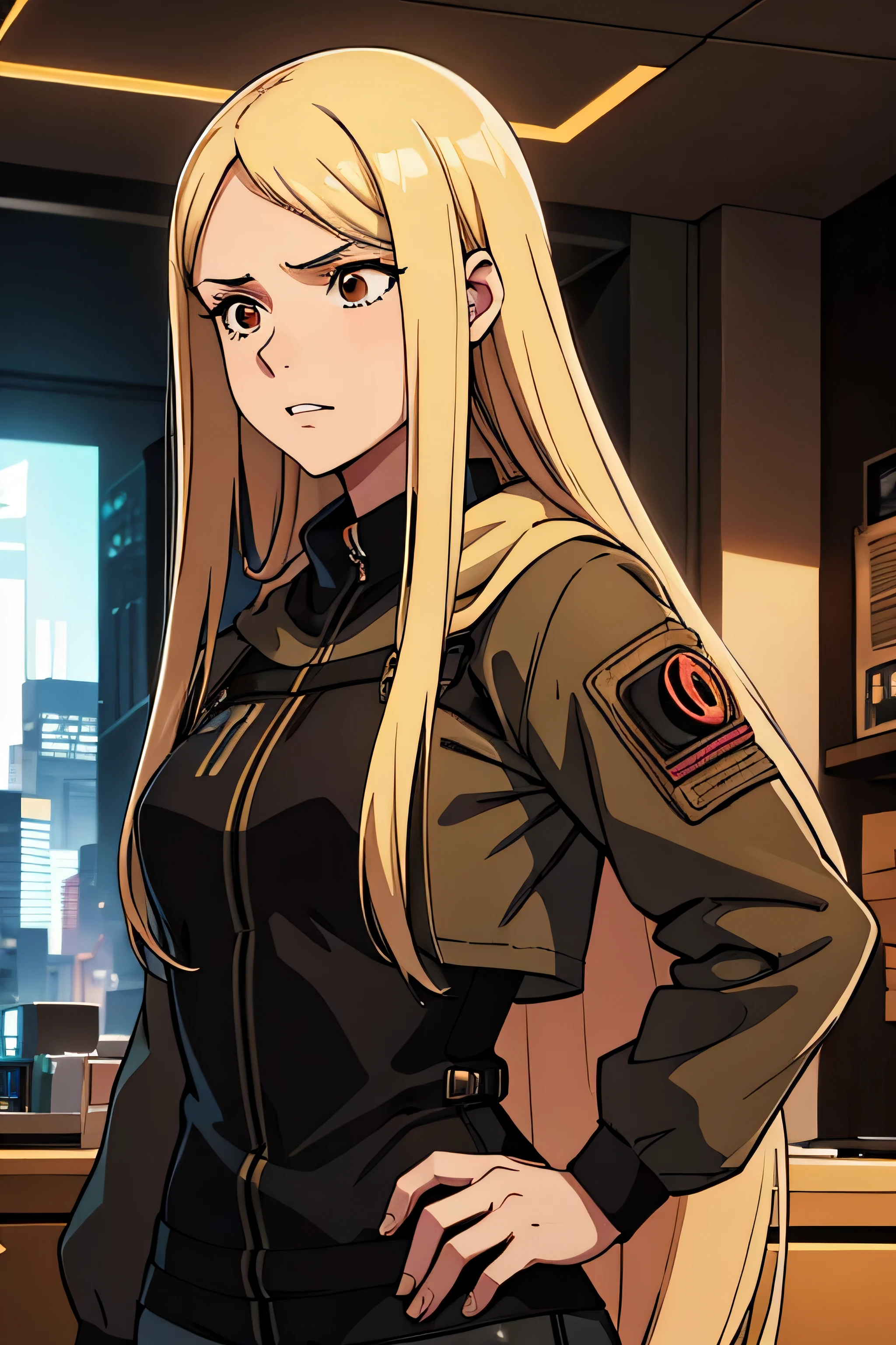 a young depressed girl, with straight long dirty blonde hair, brown eyes talking to a tall man in a cyberpunk sci fi apartment