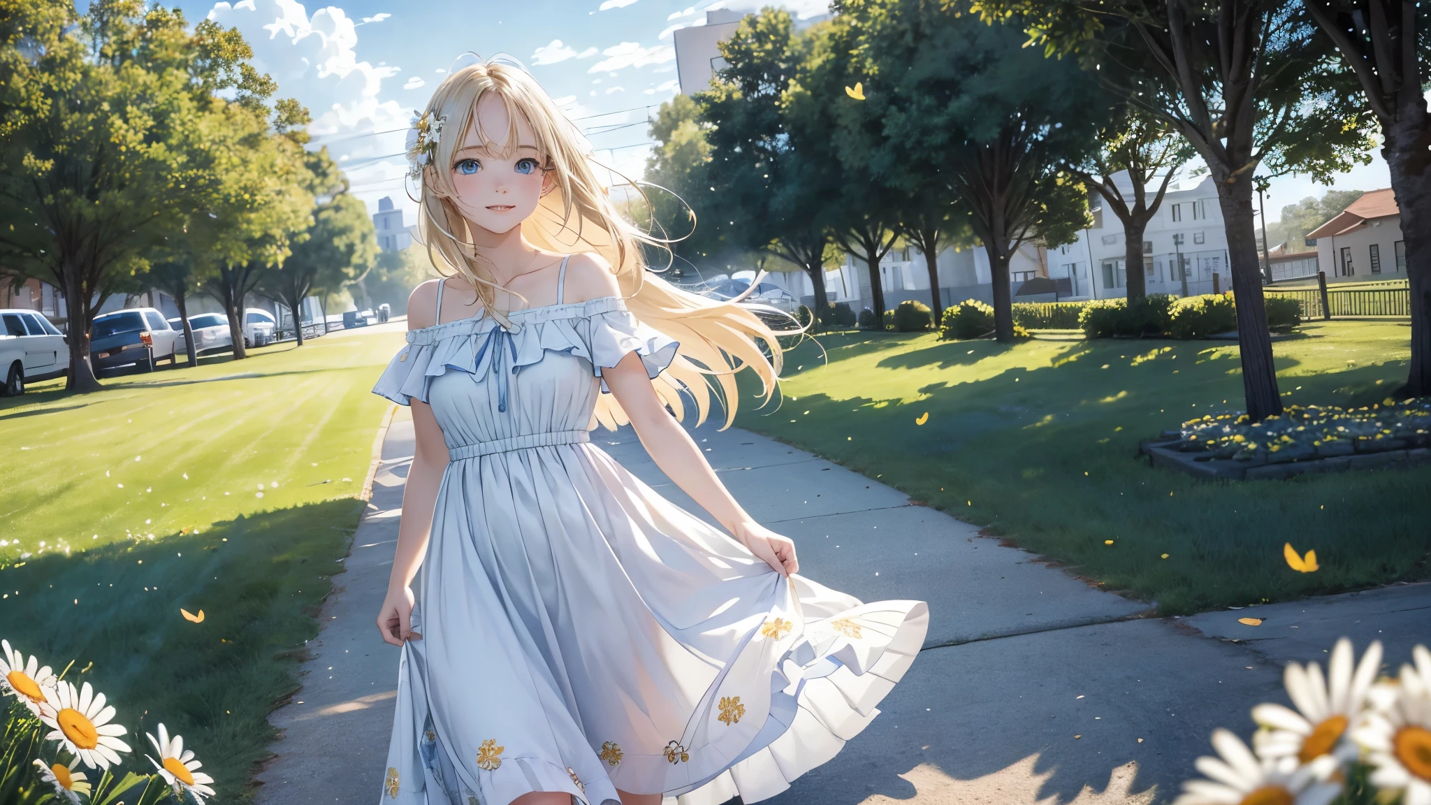 Highest quality 8K resolution,Realistic, Vibrant colors, Soft tones, With warm and gentle lighting, smiles at you, invites you, The girl is happy to see you, (White shoes), smiles at you, In love, open shoulders, neckline, (Smooth straight blonde hair:1.2),(Hair parted in the middle:1.2),(Glowing hair),(Deep Blue Eyes:1.3),looking at the camera, slight smile, Girl walking in town, (Nostalgic atmosphere),Cool morning clouds are calm and peaceful,She walks in a field of daisies, The tree々Gentle sunlight illuminates the space,Like multicolored glass, gentle sunlight,Soft breeze,Delicate flowers,Butterflies flutter by,Mesmerizing natural beauty,Fragments of Shining Stars,Autumn breeze carrying farewell, dress fluttering in the wind