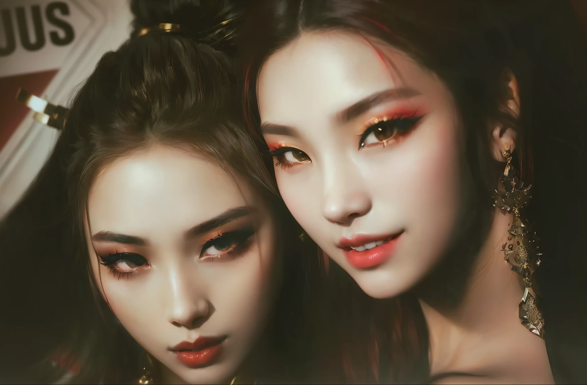 two asian women with long hair and earrings posing for a picture, nixeu and sakimichan, both have red lips, they are close to each other, twice, popular south korean makeup, with ivy, popular korean makeup, red contact lenses, charli bowater and artgeem, slit pupils, sakimichan, red contacts