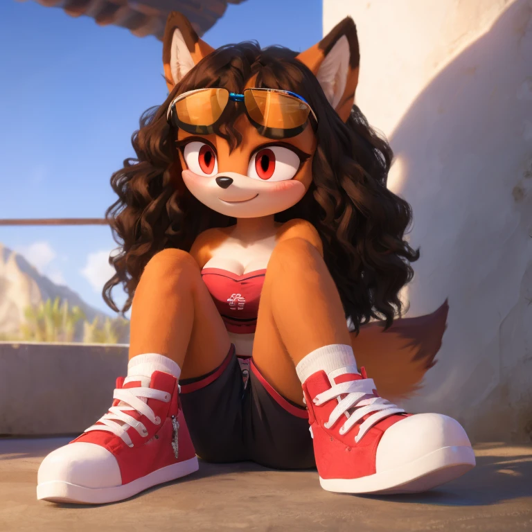 mobian, hedgehog, two-tone fur ((orange fur, brown fur)), pyjama elastic shorts, strapless crop top, cleavage, high-top sneakers, two-tone hair (brown hair, black tip)), curly hair, halo, sunglasses, jewelry, red eyes, longeyelashes, red eyes, smile, shy, blush, high detail, masterpiece, UHD, anatomically correct, super detail, highres, 4K