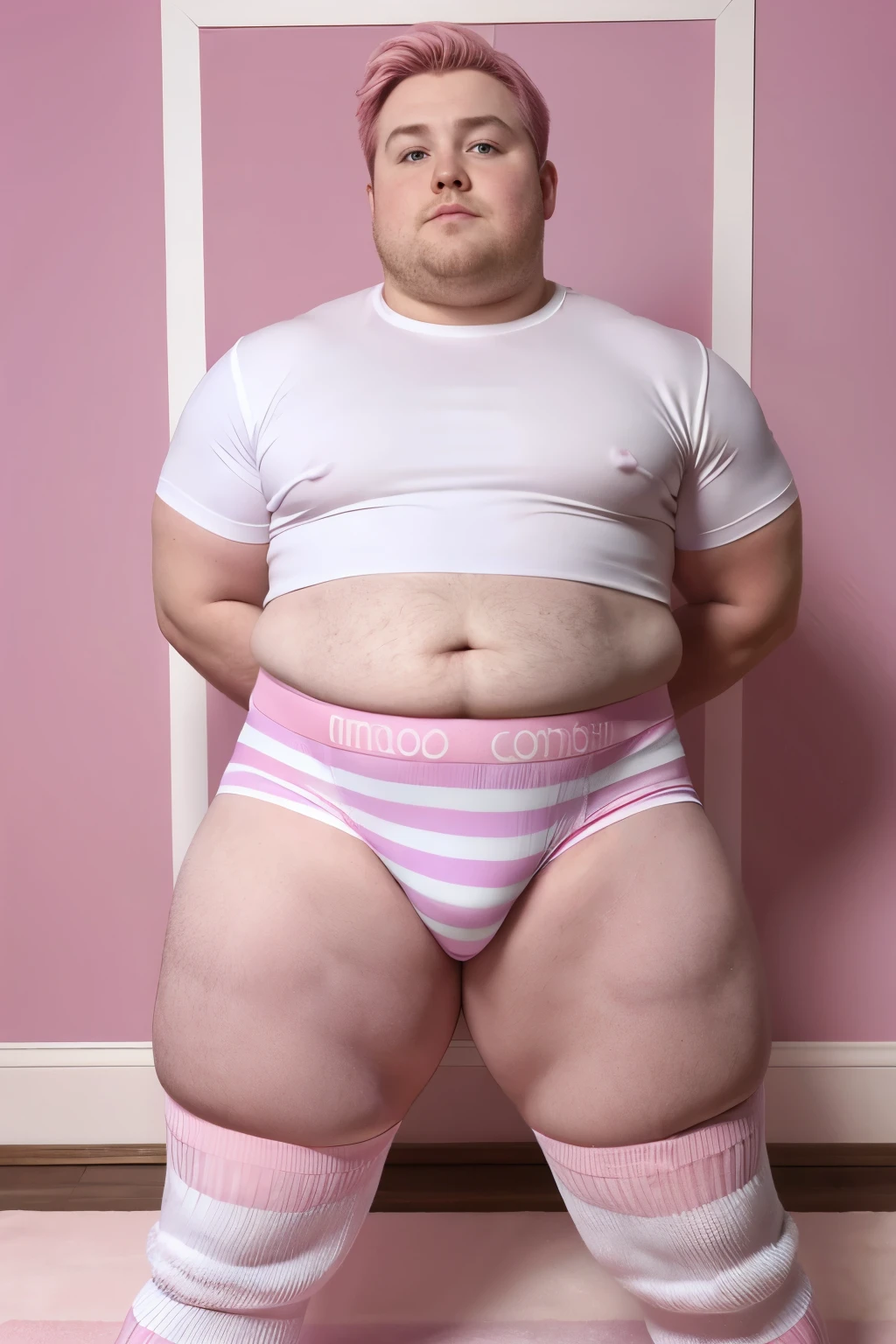 kit connor fat man big stomach obese in his pink underwear and white thigh high socks with pink stripes pastel colours
