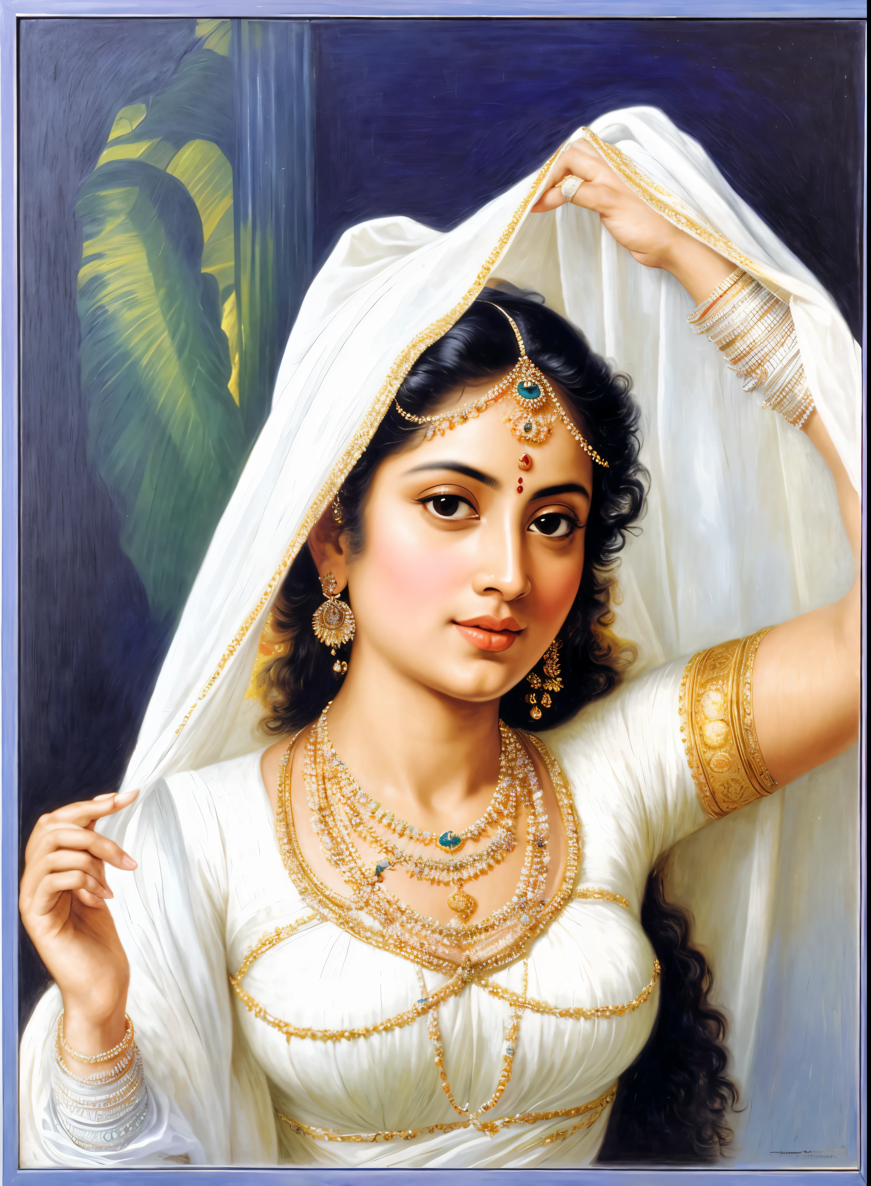 Beautiful Indian Woman, wearing saree, sari Beauty, gorgeous, Apsara, Maharani, royal queen woman, nymph from Hindu Mythology, Urvashi, matchless beauty, Highly detailed, Oil Painting by Peter Paul Rubens inspired by Raja Ravi Varma, Matchless beauty, captivating, gorgeous, heavenly beauty, celestial beauty, by Peter Paul Rubens, 13, realistic, hyper realistic, micro details, incredible artwork, insane details, ultra High resolution, 8k, 32k, acrylic on canvas, intricate, flawless, detailed, detailed face, detailed eyes, masterpiece, by Peter Paul Rubens, by Caravaggio, by William Adolphe bouguereau, perfect face, perfect body, beautiful art, realism, baroque, renaissance Art, highly textured, beautiful and detailed eyes, uhd, best quality,
