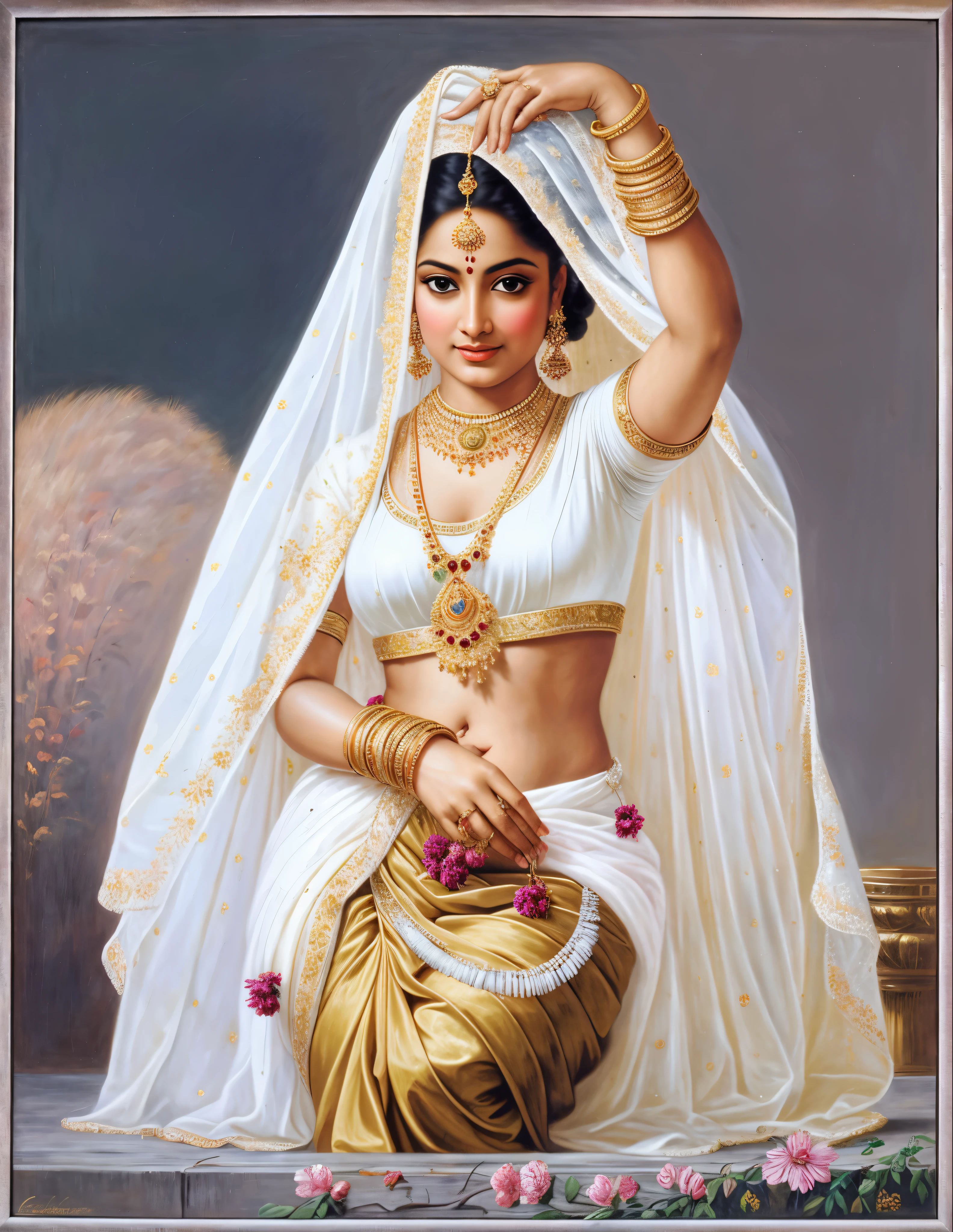 Beautiful Indian Woman, wearing saree, sari Beauty, gorgeous, Apsara, Maharani, royal queen woman, nymph from Hindu Mythology, Urvashi, matchless beauty, Highly detailed, Oil Painting by Peter Paul Rubens inspired by Raja Ravi Varma, Matchless beauty, captivating, gorgeous, heavenly beauty, celestial beauty, by Peter Paul Rubens, 13, realistic, hyper realistic, micro details, incredible artwork, insane details, ultra High resolution, 8k, 32k, acrylic on canvas, intricate, flawless, detailed, detailed face, detailed eyes, masterpiece, by Peter Paul Rubens, by Caravaggio, by William Adolphe bouguereau, perfect face, perfect body, beautiful art, realism, baroque, renaissance Art, highly textured, beautiful and detailed eyes, uhd, best quality,