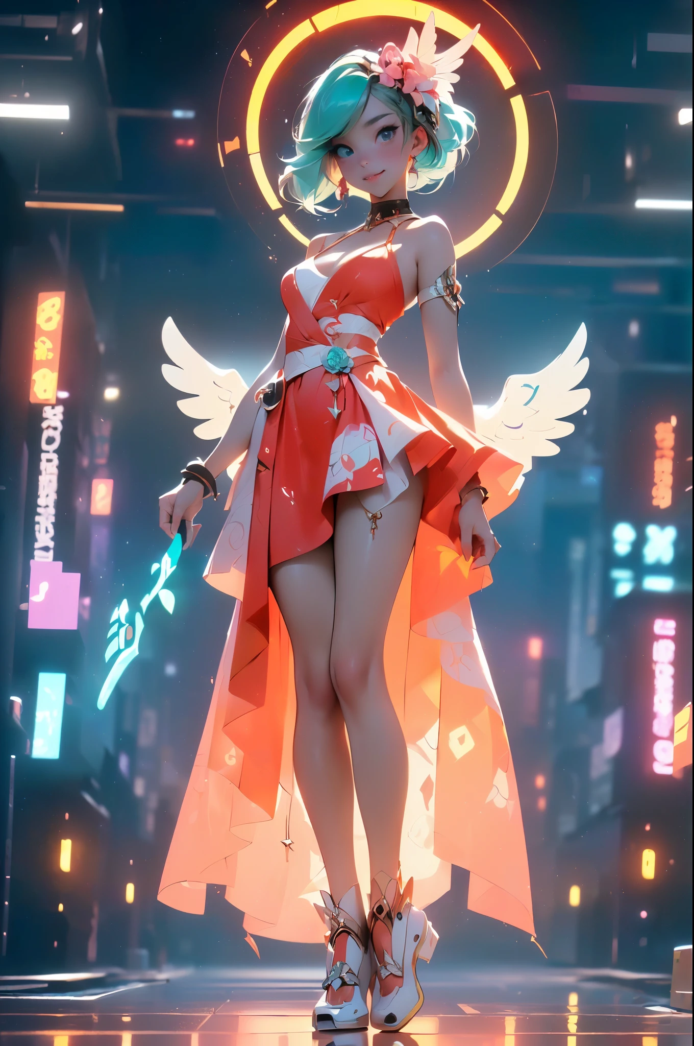 ((((1 one young girl)), ((by Yang J, rossdraws 1. 0)), 🌺.((Teenage girl,Rebellious girl)),((Slim sexy girl)),((cute small breasts),(Full body picture:1.2). ((smile)), ((Cleavage fully exposed)), ((very beautiful young girl:1.44))), (((very short hair), (fullbody), (A who is a loli:1.3),(SF),full body), (1 girl, solo, kawaii, anime:1.25), (loli, little, tiny, masterpiece, angel, angel wings, simple halo:1.23), (aqua hair, long hair, blue eyes, twinkle eyes:1.18), (shiny skin, shiny hair, small breast, blue sky:1.18763), (magical girl costume, bare shoulders, white leotard, micro skirt, frills, flying:1.15763), (blush, smile, multicolored clothes, pastel color:1.1225),(dynamic angle, cinematic lighting, depth of field:1.08), fantasy, happy, solo focus, simple background, (see-through:0.85), (BREAK)). ((cyberpunk cityscape, skyscraper, neon lights)), ((intricate details:1.1), (complex background)), ((Bright colors)),((dynamic perspective dynamic combination)),((cyberpunk style)).