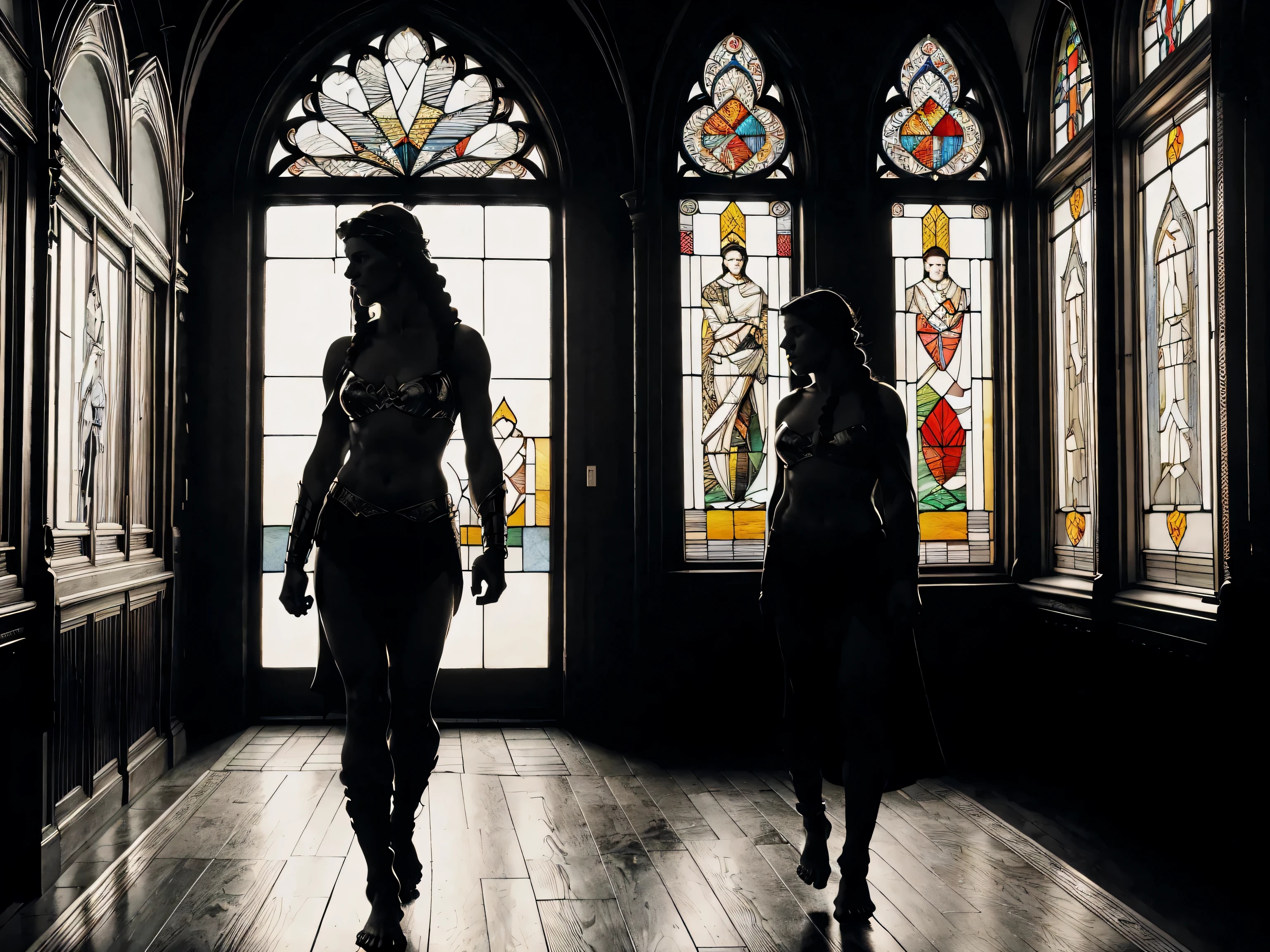 black-and-white ink work by Mike Mignola, silhouette of full-length from below in profile, beautiful barefoot Barbarian princess, short braids in front, white headband, black bikini and black cape, walks in profile against the light in the corridor of an ancient castle, in front of a large stained-glass window from which a strong light comes