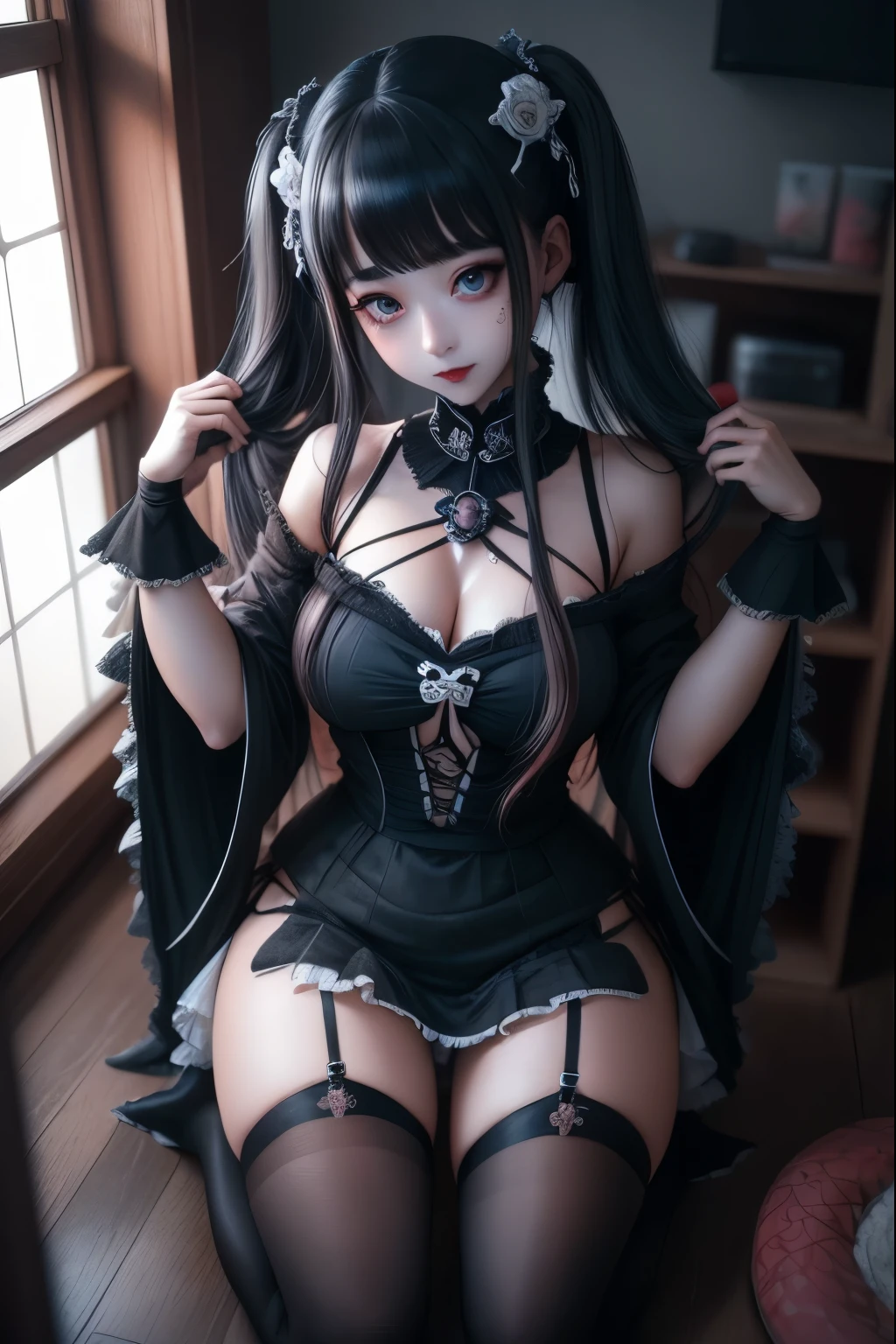 ハードDark Gothicメイク、my sanity、deep night sky、Horror、Black dark eyeshadow、cry、sad、Good skin radiance、Dark Gothicメイク、Dark smile、palace、The beauty of fragrance、22 years ago、Expression of intense sexual pleasure、Embarrassed look、Dark Gothic、Obscene language、highest quality、View 5 books、Expression of sexual pleasure in suffering、Drunk face、紫のMaid clothes、Mysterious、Noble、A face that is holding back the toilet、Super sexy、Loving smile、Twin tail hair、jet black ruffle skirt、Right blue eye, Left eye is red、Super bewitching pose、Platform Heel Shoes、Heavy makeup、Black lipstick、Make the world beautiful、Gothic ta Clothing、A little slimmer、Silver Hair、Long Hair Straight Hair、Cute Gothic Loliress、Beautiful Face、elegant features、Fascinating face、Knee-high socks、Stained glassが背景、Chest glistening with sweat、The room is dark、goth long dress、Bell Sleeves、Wizard Sleeve、decadent look、Sexually excited expression、Gothic Mode、Glossy thighs wet with water、Thighs that are wet and shiny with oil、Background of a room full of roses、sad表情、Rose Maiden、The embroidery is pink、The dress has pink embroidery、Thigh-high socks、Knee-high socks、Gentle expression、masturbation behavior、Dark black eyeshadow、despicable act、Stained glassと薔薇背景、Wearing black underwear、Black panties、thighs are a little thin、Female Duo、female couple、i have lesbian friends、hug a girl、A blue lightning bolt glows in his right hand.、Blue electromagnetic waves shine in my hands.、dark church background、Stained glass、black metal world、Dark Castle、Dark Room、Slender body、upright、walk、Are standing、gothic long dresaid clothes、Victorian dresses、Her thighs glisten with sweat、My body is wet and shiny、Lots of glitter on the thighs、sweating、My thighs are sticky from sweating、Sweat glistens on the thighs, The whole body is sweaty and shiny、pretty sweaty、My thighs are sweaty、My thighs are so wet、My thighs are shining with sweat、A lot of sweat glistens all over the body、glamorous legs、The thighs are the best、