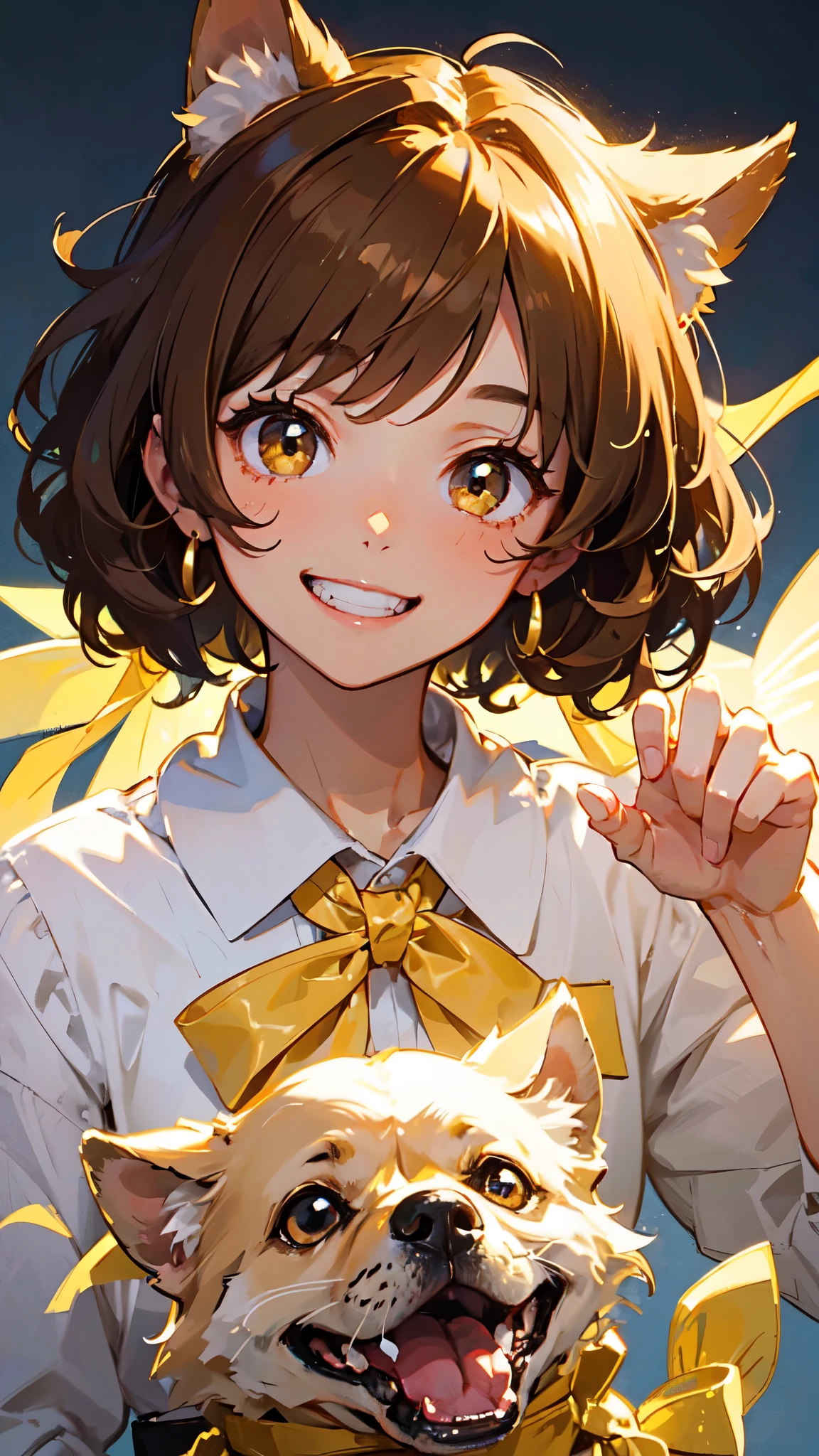 1 Girl、Short curly golden hair、Some dog ears on top of the head、Large, bright brown eyes、Has rosy cheeks、A yellow ribbon around his neck、smile、Grin、Upper body close-up