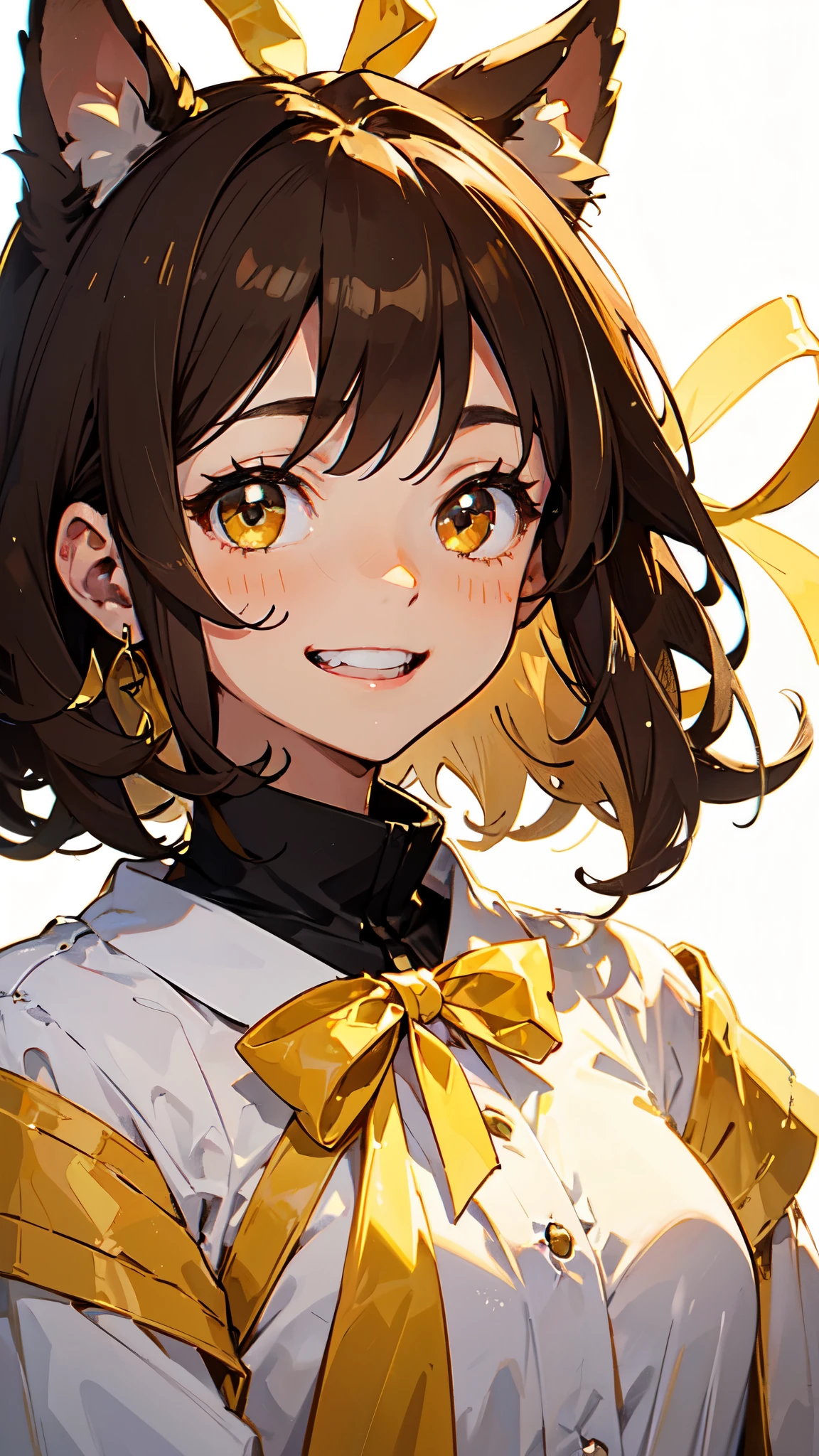 One girl, Brown Hair, Medium Hair, Textured skin, chest, Open your mouth, Bright Eyes, happiness/joy, Simple Background, Headphones worn behind the head, Anime Bangs, Minimalist, Dress up、Hair that hides one eye, Shiraishi Mai