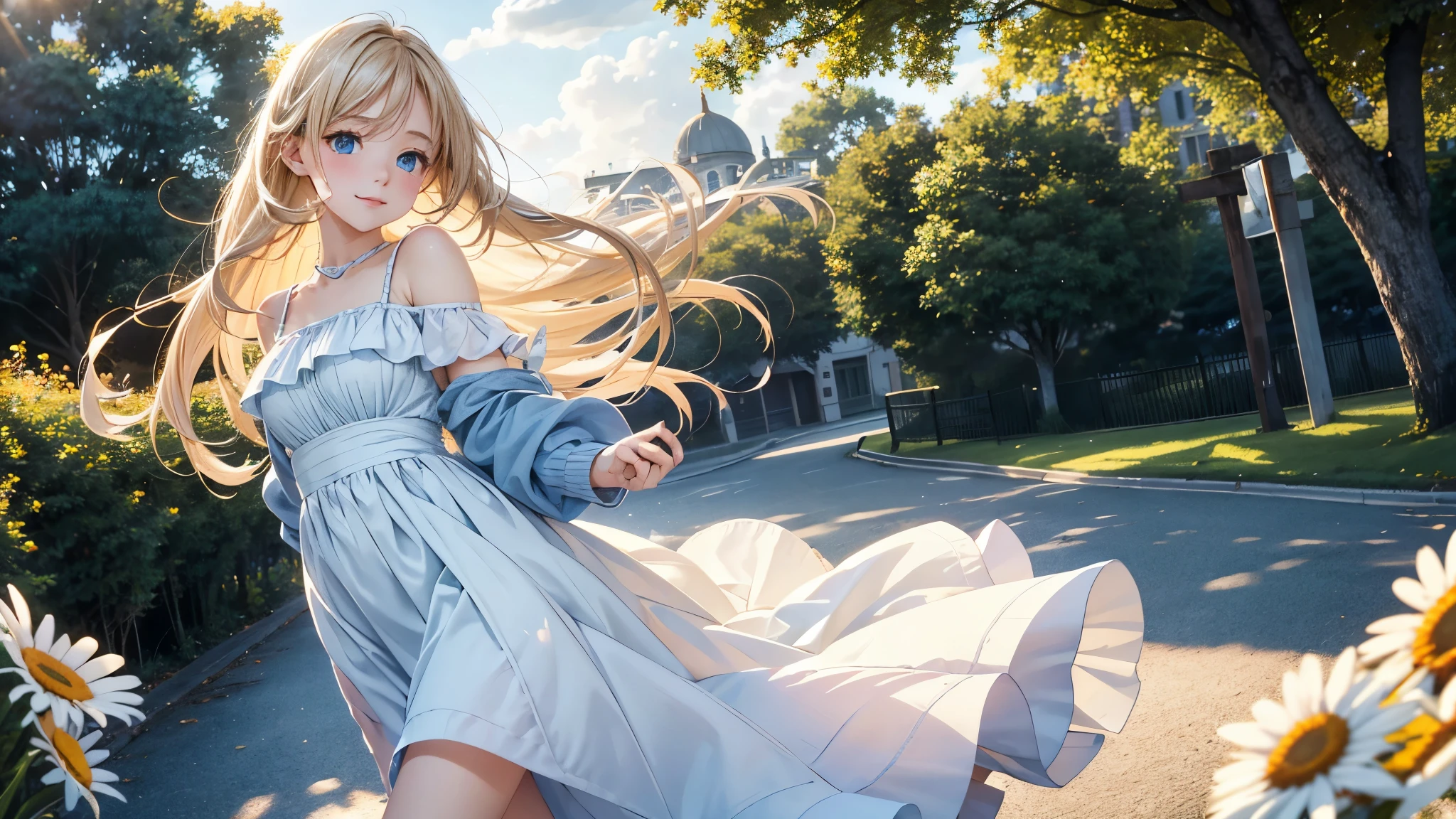 Highest quality 8K resolution,Realistic, Vibrant colors, Soft tones, With warm and gentle lighting, smiles at you, invites you, shining eyes, smile, The girl is happy to see you, (White shoes), smiles at you, In love, open shoulders, neckline, (Smooth straight blonde hair:1.2),(Hair parted in the middle:1.2),(Glowing hair),(Deep Blue Eyes:1.3),looking at the camera, slight smile, Girl walking in town, (Nostalgic atmosphere),Cool morning clouds are calm and peaceful,She walks in a field of daisies, The tree々Gentle sunlight illuminates the space,Like multicolored glass, gentle sunlight,Soft breeze,Delicate flowers,Butterflies flutter by,Mesmerizing natural beauty,Fragments of Shining Stars,Autumn breeze carrying farewell, dress fluttering in the wind