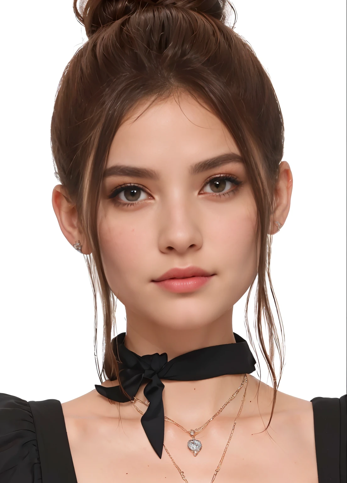 um close de uma mulher com um colar e uma gravata borboleta, inspirado em Emma Andijewska, pose de perfil glamouroso, inspirado em Sim Sa-jeong, avatar da segunda vida, retrato estilizado h 0, pele brilhante, rosto realista detalhado, com rosto muito detalhado, rosto detalhado realista, rosto realmente detalhado, close up head shot