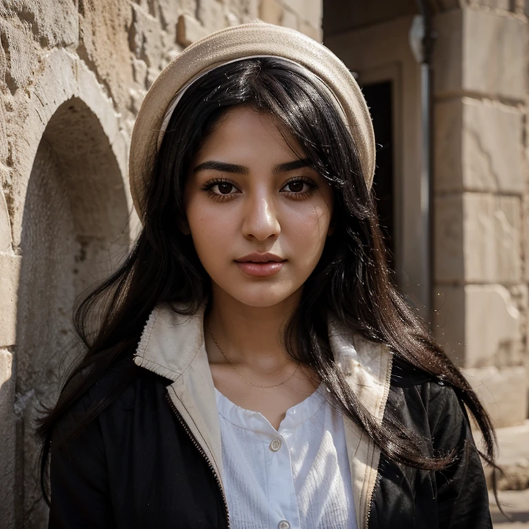 The face of a beautiful and dreamy 25-year-old Iranian girl with black hair and black eyes