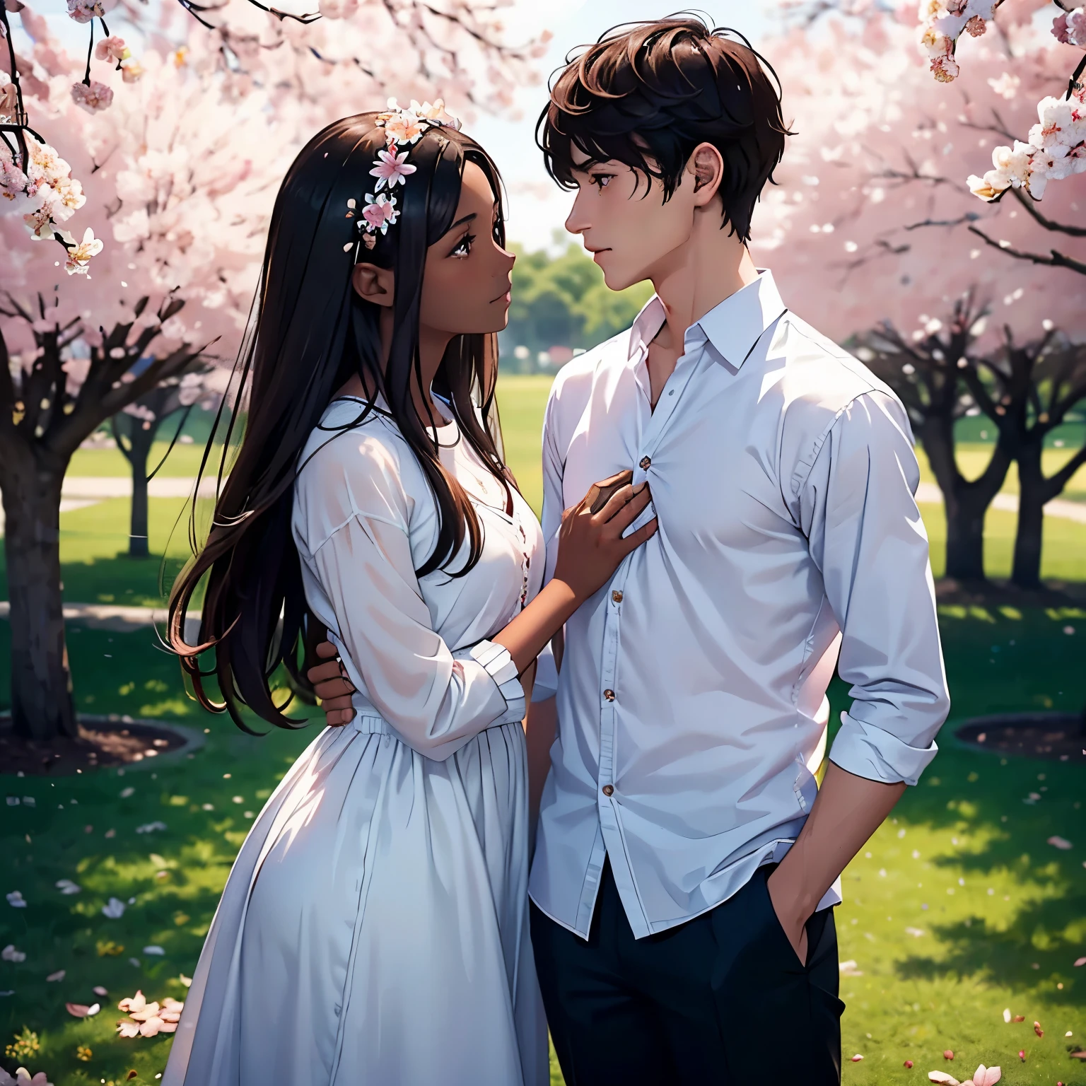 Under the shadow of a cherry blossom tree, a white boy and a dark-skinned girl come face to face, with looks full of love and complicity. Pink petals fall gently around them as the wind plays with their hair, creating a moment of ethereal and timeless romance.Tall slim snow-white boy with light brown eyes and brown hair with a beautiful face Brunette girl with black and brown hair, brown eyes with very dark skin and a beautiful face looking at each other in love under a fantastic cherry tree, work of art, hd, high quality, detailed,