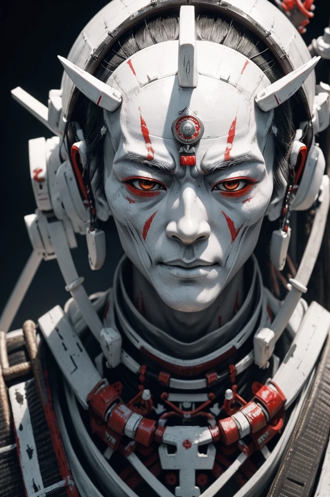 Close-up shot of Japanese 100 years old samurai with emaciated body covered in white paint, zen meditation cyberpunk, demonic body, meditating cyborg, highly detailed in 8K โค๏ธโ๐ฅ ๐ฅ ๐ ๐ค ๐, Cyborg/Buddhist deity, 8k Highly detailed, full body depiction โค๐ฅ ๐ฅ ๐ ๐ค ๐