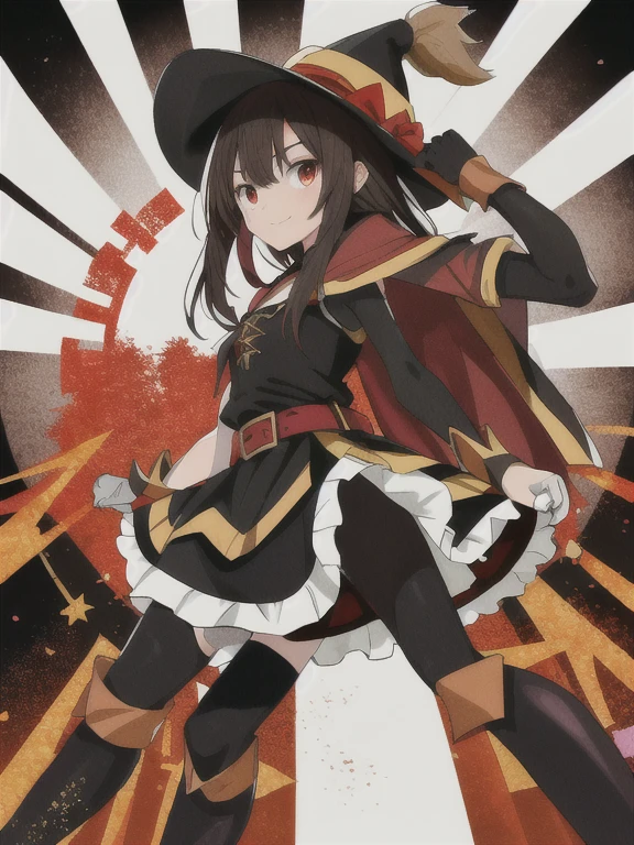 Megumin, mago loco, 1 chica, Solo, sombrero de bruja, By the chestnut, pelo largo y corto, ojos rojos, rubor, Sonrisa maligna, gargantilla negra, Clavicle, pecho plano, vestido con hombros descubiertos, vestido rojo, brown coat, mangas largas, guantes negros, guantes sin dedos, Brown belt, adornos dorados, (Asymmetrical legs: 1.4), Legwear inigualable, (piernas vendadas: 1.3), muslos negros, (arms behind the back: 1.3), fondo sencillo, alta calidad, high resolution.