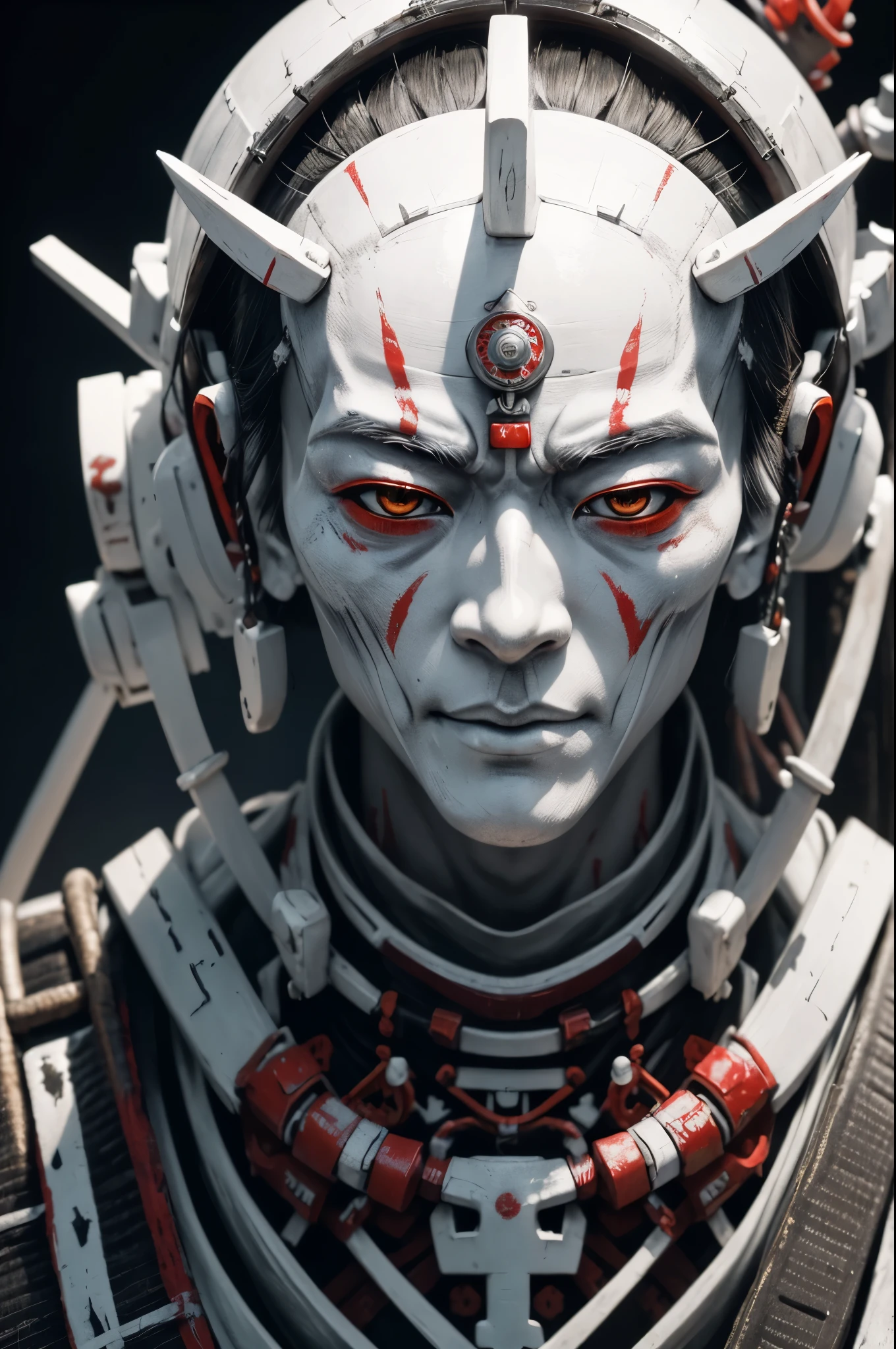 Close-up shot of Japanese 100 years old samurai with emaciated body covered in white paint, zen meditation cyberpunk, demonic body, meditating cyborg, highly detailed in 8K ❤️‍🔥 🔥 💀 🤖 🚀, Cyborg/Buddhist deity, 8k Highly detailed, full body depiction ❤🔥 🔥 💀 🤖 🚀