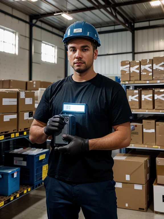A well-lit photo of a man with a barcode scanner, pointing it at a box on a shelf in an industrial warehouse. The man is dressed in a

casual outfit, with a protective helmet and gloves. The barcode scanner has a blue backlight, and the background shows the vast, organized space of the warehouse, filled with rows of boxes and shelves. There's a sense of efficiency and order in this busy workplace., photo