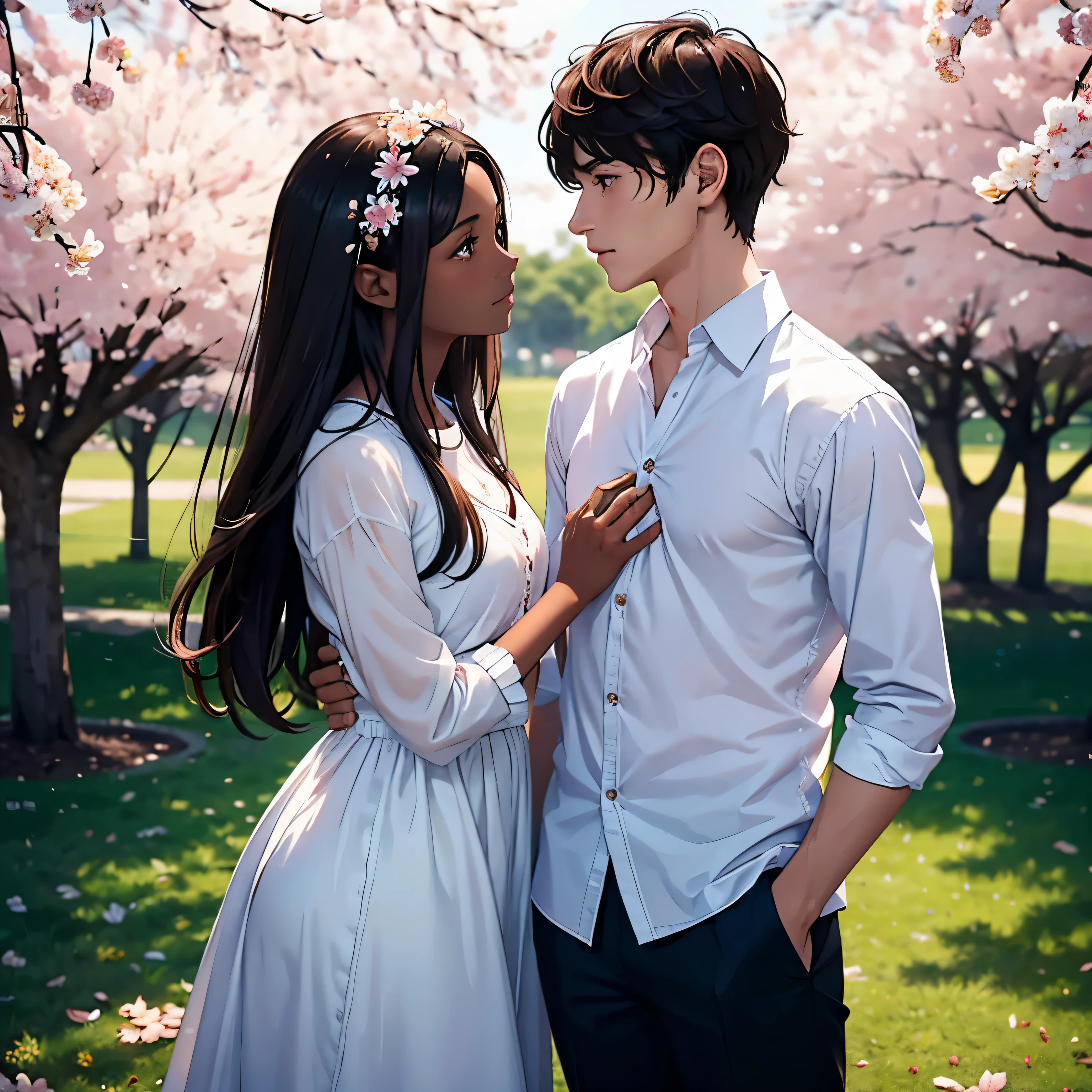 Under the shadow of a cherry blossom tree, a white boy and a dark-skinned girl come face to face, with looks full of love and complicity. Pink petals fall gently around them as the wind plays with their hair, creating a moment of ethereal and timeless romance.Tall slim snow-white boy with light brown eyes and brown hair with a beautiful face Brunette girl with black and brown hair, brown eyes with very dark skin and a beautiful face looking at each other in love under a fantastic cherry tree, work of art, hd, high quality, detailed,