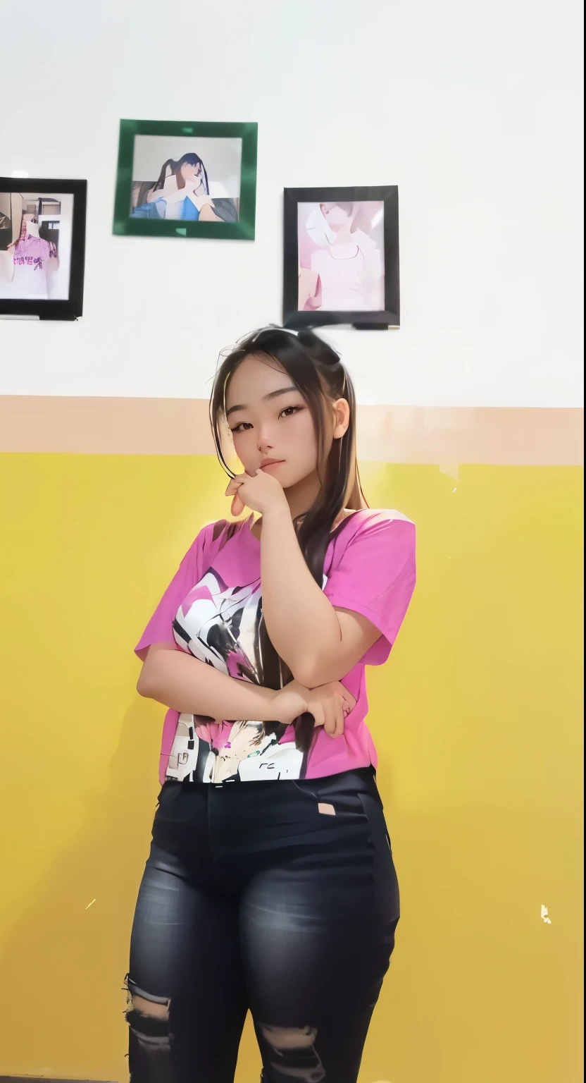 there is a woman standing in a room with a pink shirt, dang my linh, nivanh chanthara, in tshirt, real ungine, 18 years old, ruan cute vtuber, with a cool pose, young girl, with long hair, casual pose, student, 1 6 years old, with kind face, potrait