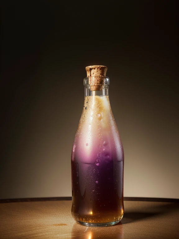 A captivating photograph of a luxurious bottle of soda, with a vibrant label and metallic accents. The bottle is positioned horizontally,
with the bubbles from the drink gently fizzing. The background is a soft, subtle gradient of colors, creating a beautiful contrast. The overall ambiance of the image is elegant and inviting, perfect for a high-end advertisement., photo